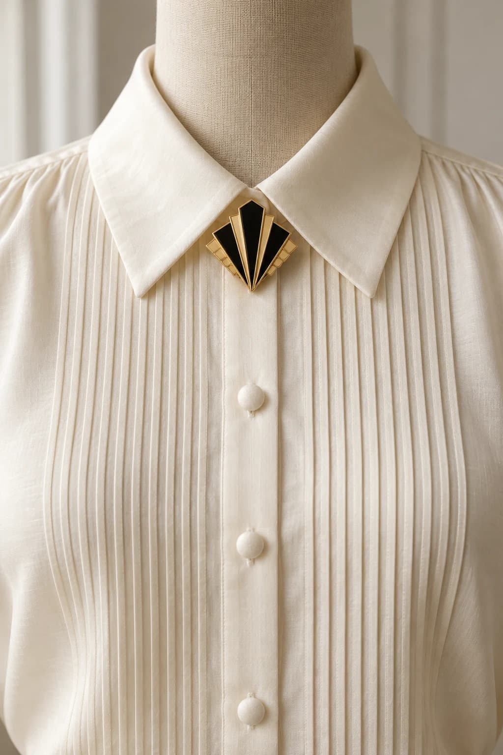 Small gold and black Art Deco brooch centred beneath an ivory pintuck shirt collar