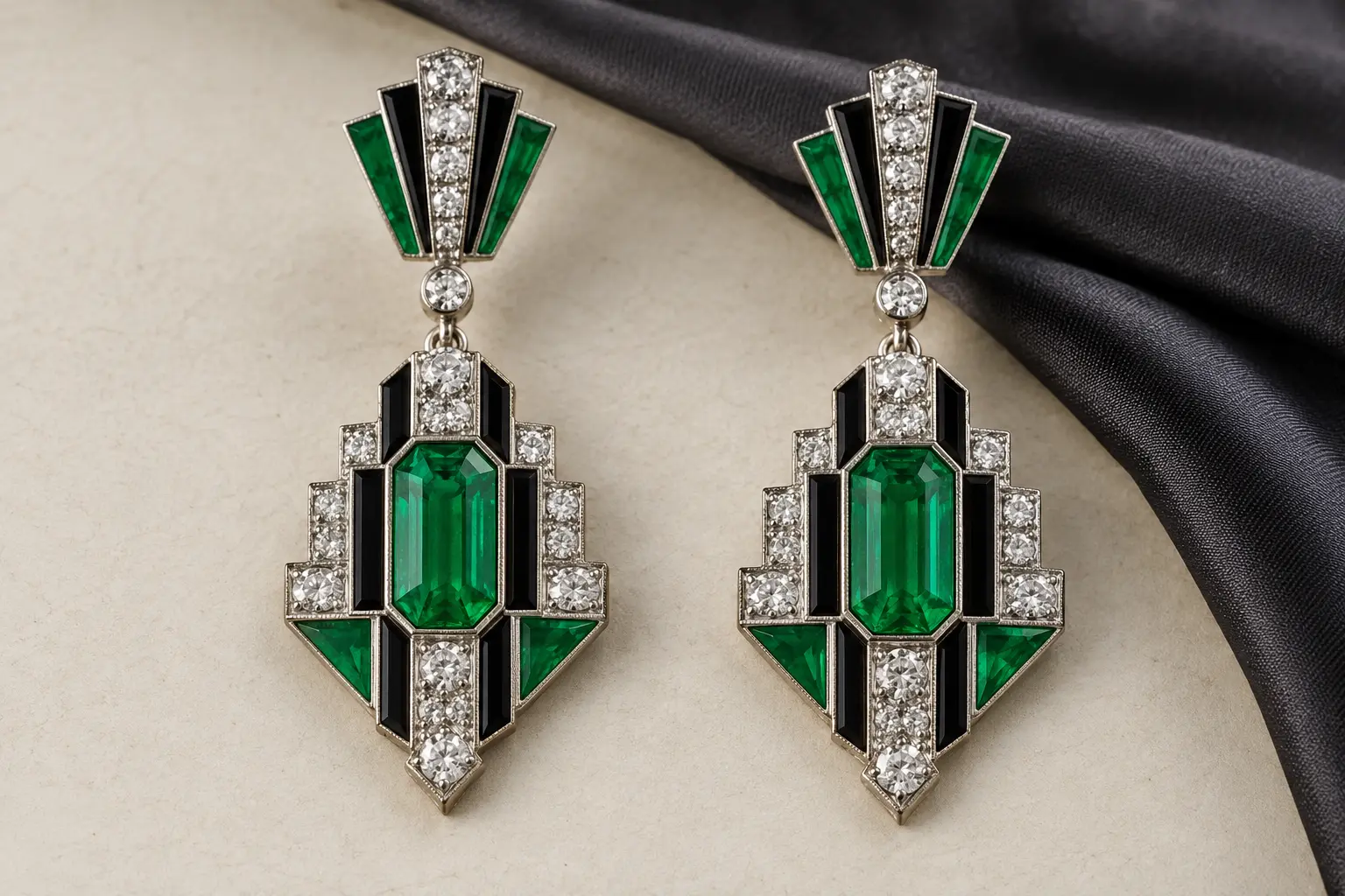 Period-inspired Art Deco earrings showing black, white and emerald colour contrast