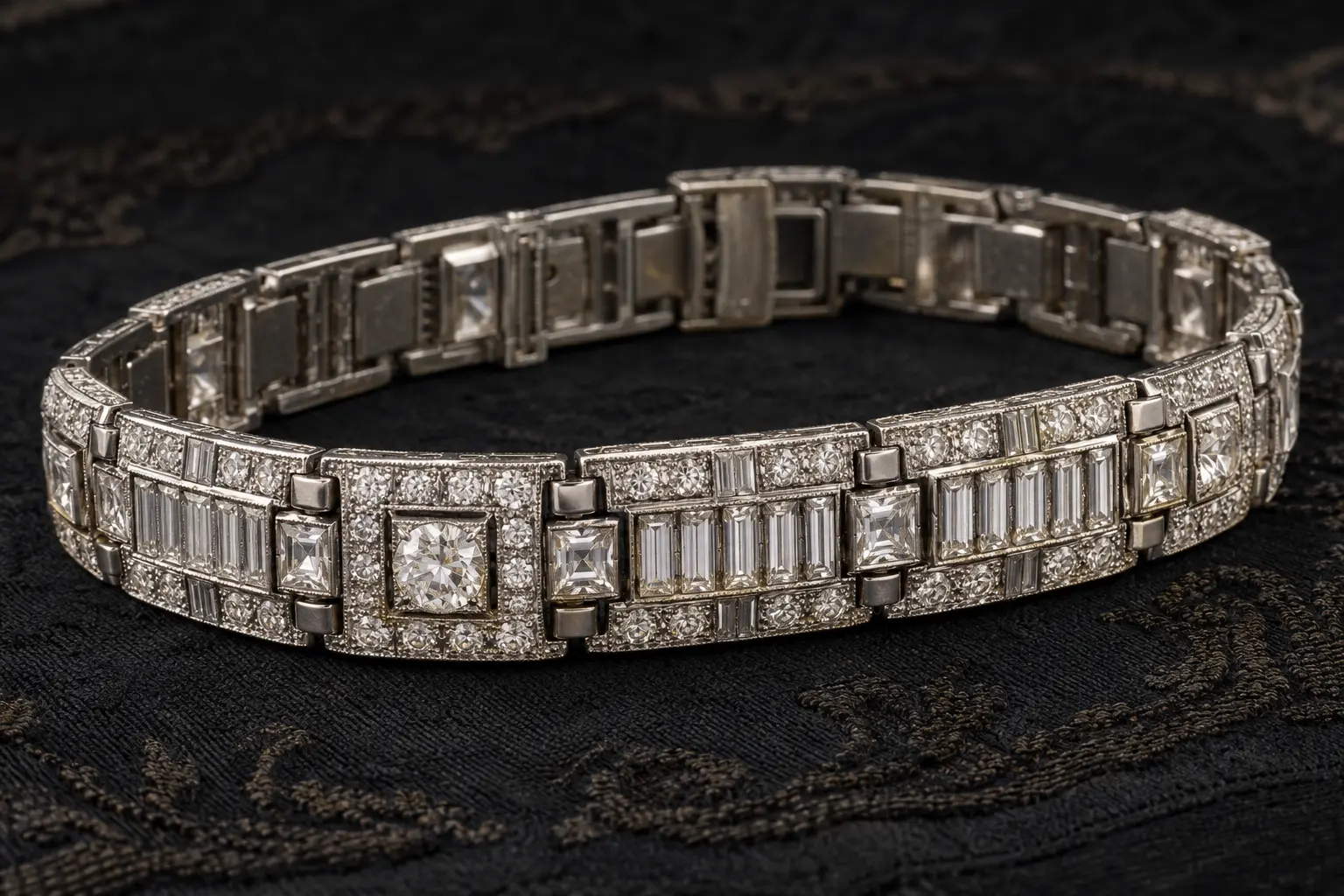 Detailed period-inspired Art Deco bracelet with baguette and round stone settings