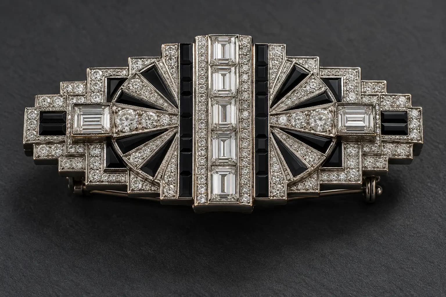 Close view of a period-inspired geometric Art Deco brooch with symmetrical lines