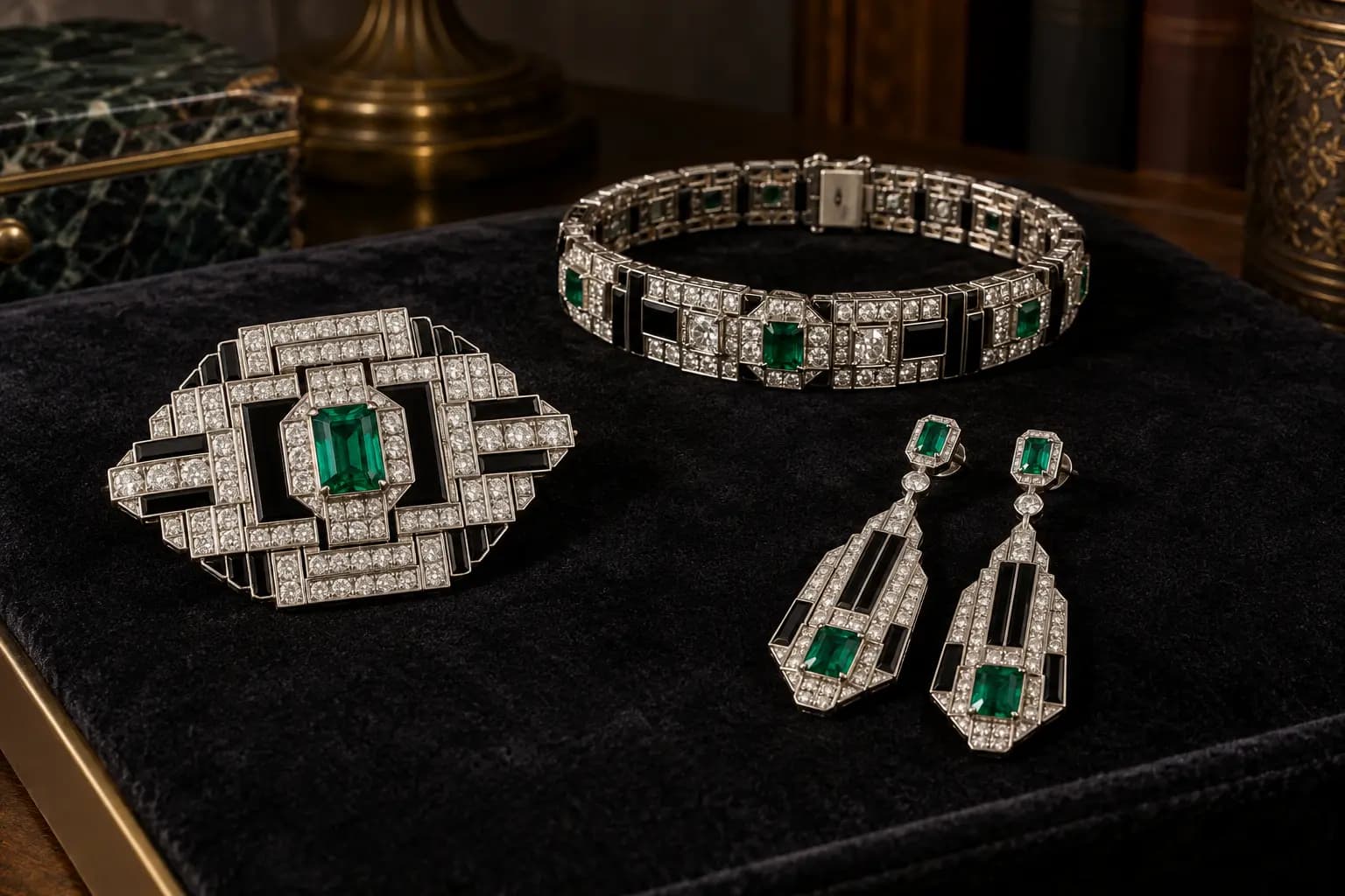 Period-inspired Art Deco brooch, bracelet and earrings with geometric details