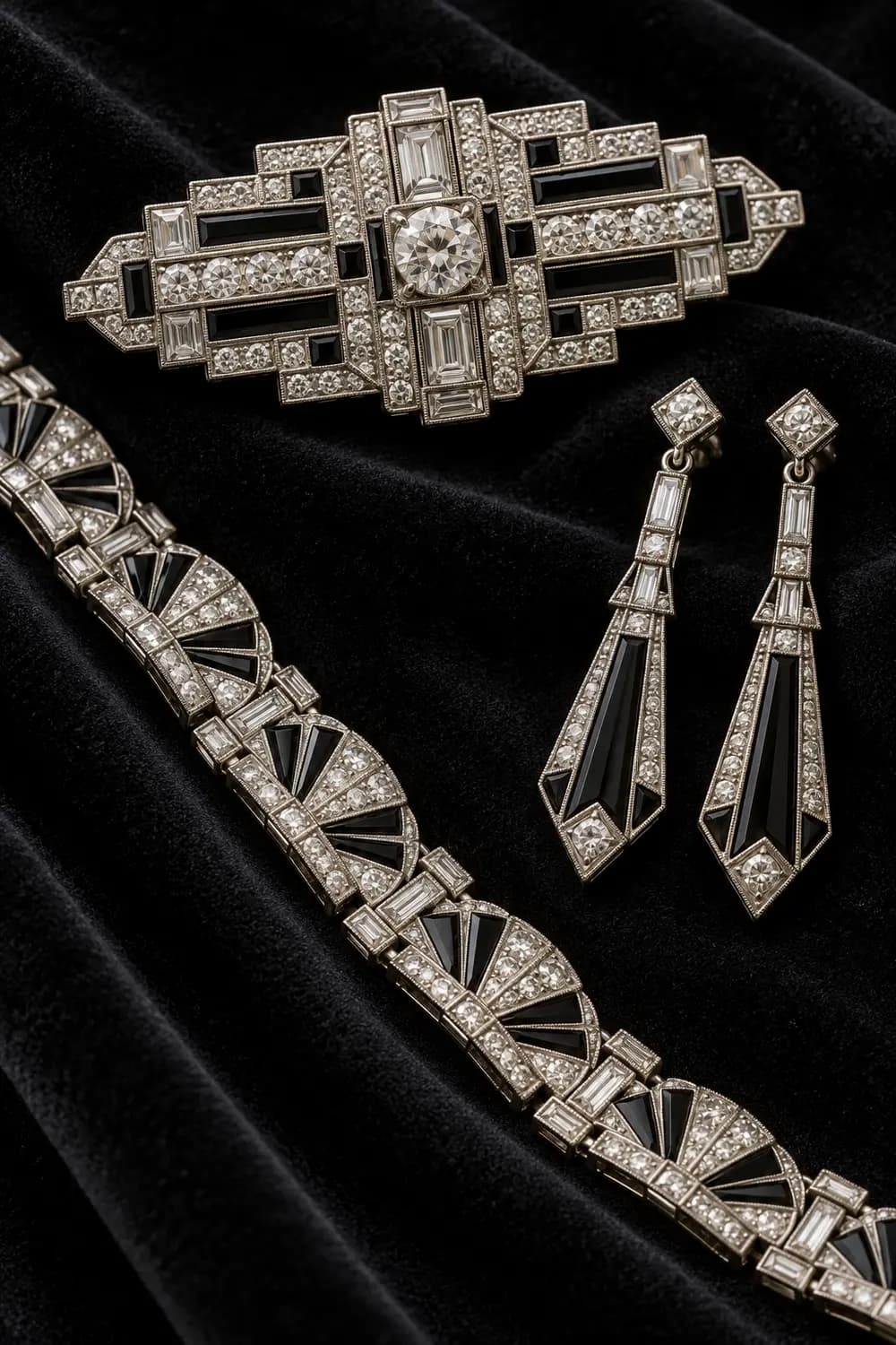 Geometric Art Deco-style brooch, onyx earrings and fan-link bracelet on black velvet
