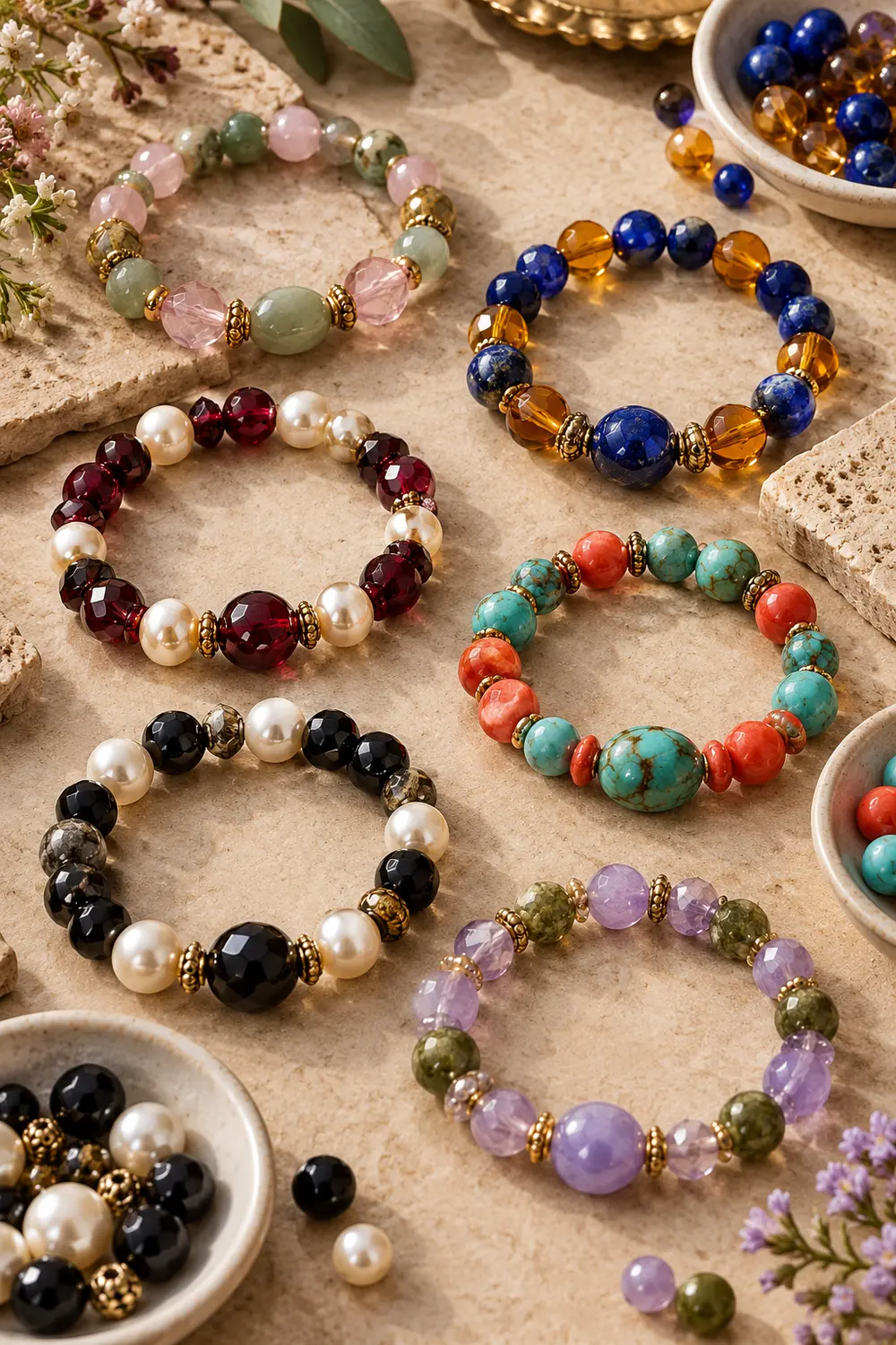 Six beaded bracelets showing sage, cobalt, burgundy, turquoise, black and lilac colour palettes