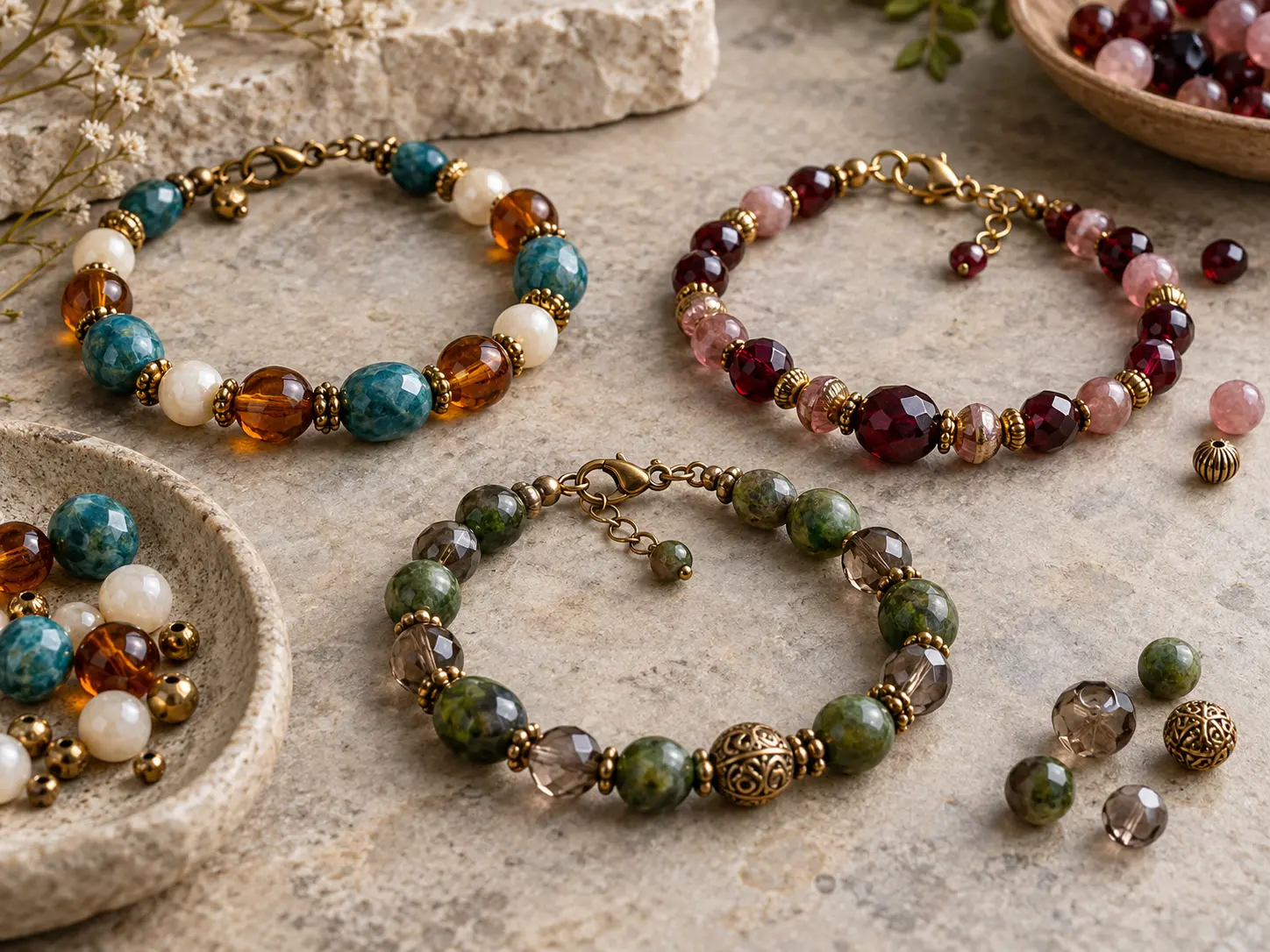 Three finished bracelets in teal, garnet and moss-green colour combinations