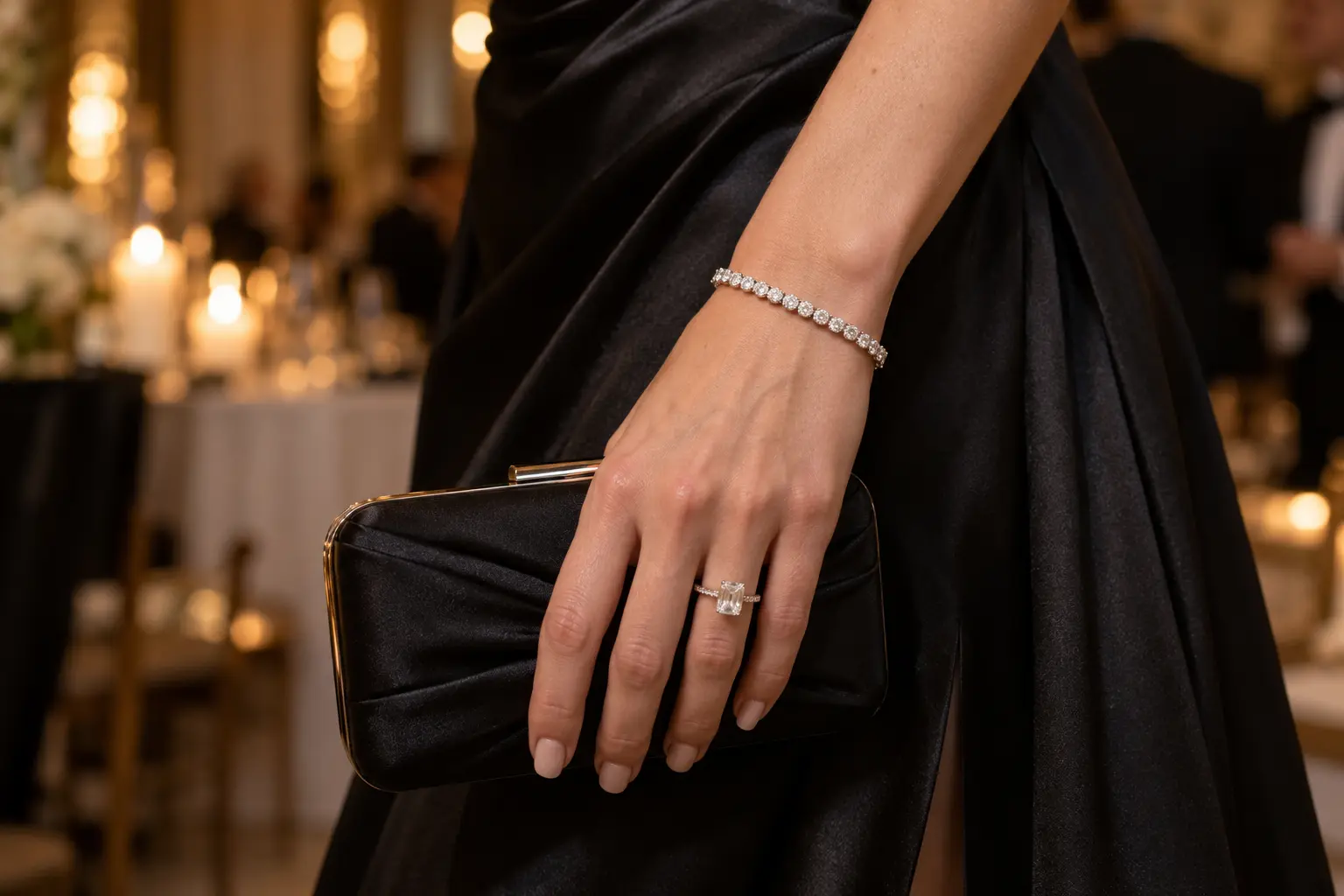 Slim crystal bracelet and cocktail ring beside the cuff of a black satin gown
