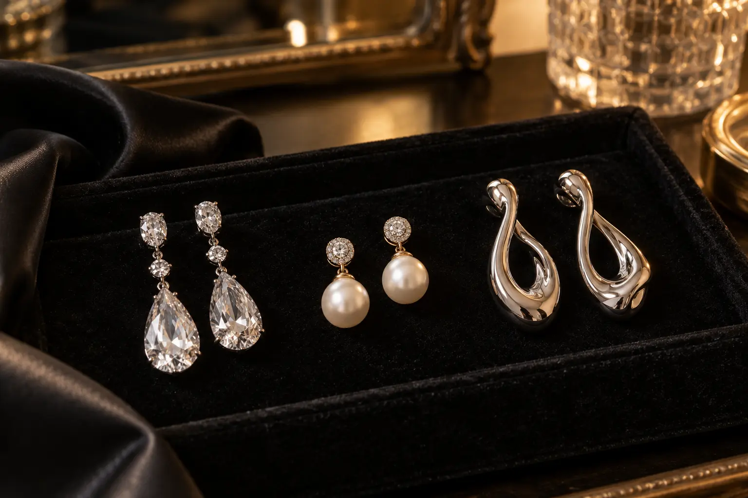 Crystal, pearl and sculptural metal earrings suitable for a black-tie wedding
