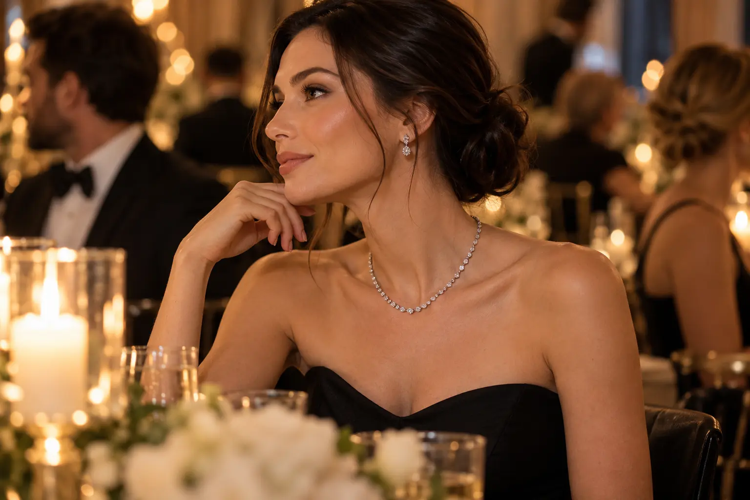 Short fine necklace worn inside the open neckline of a black evening gown