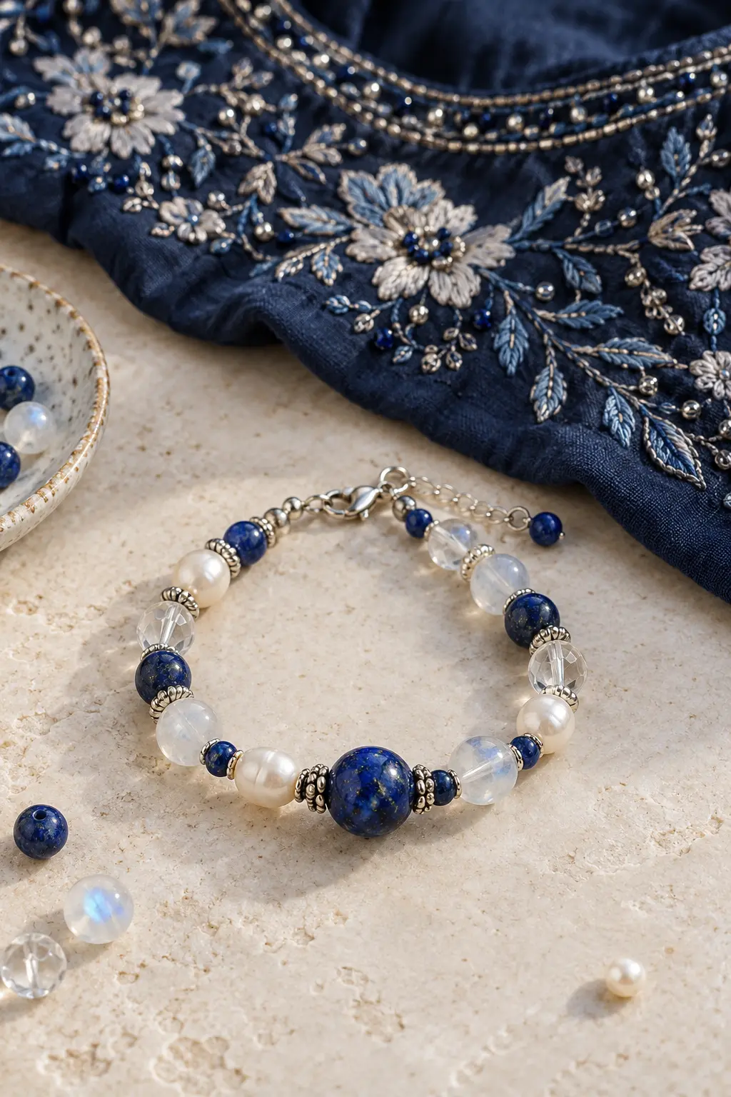 Blue beaded bracelet beside the embroidered neckline of a navy dress