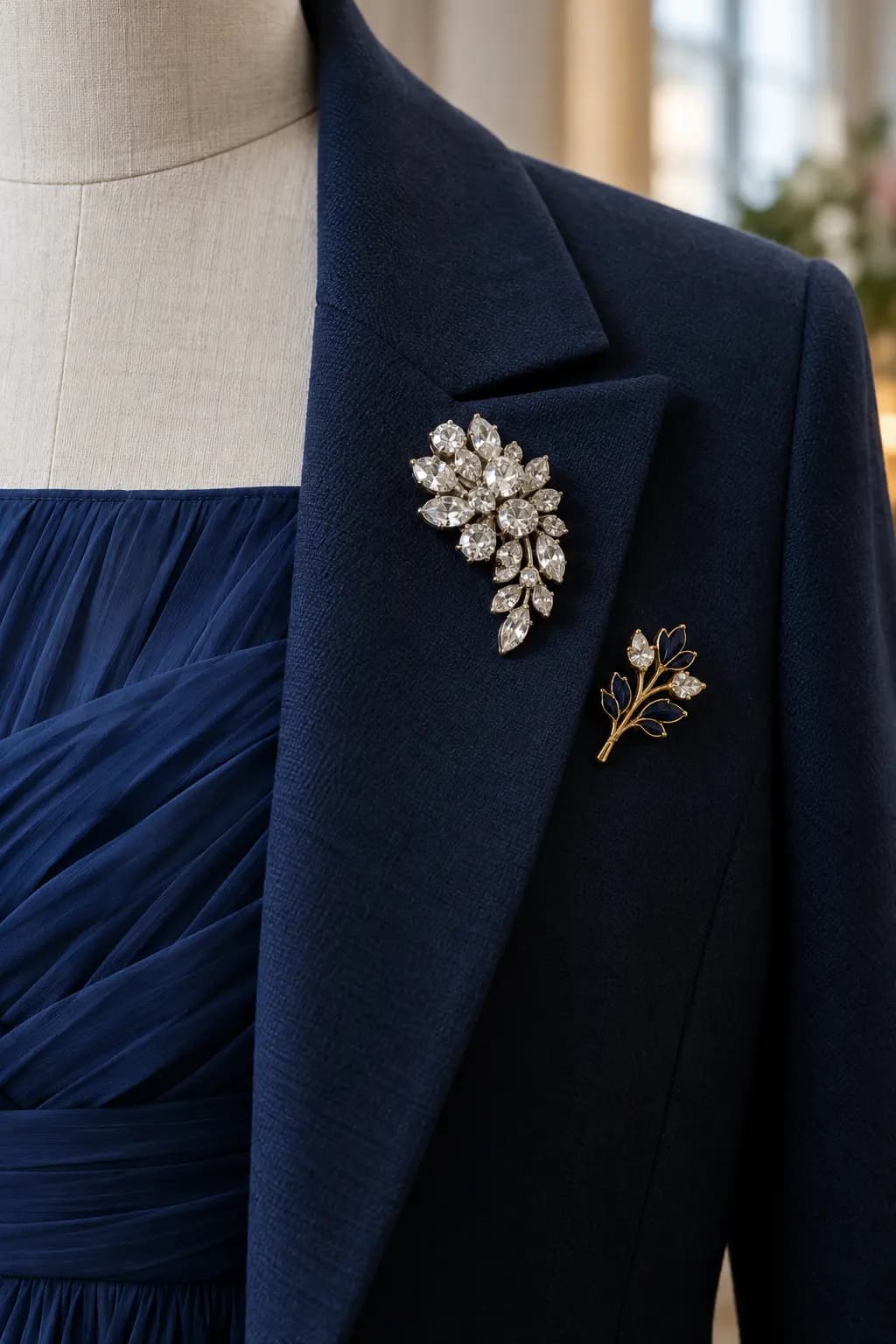 Vintage crystal brooch pinned to a navy jacket over a blue dress