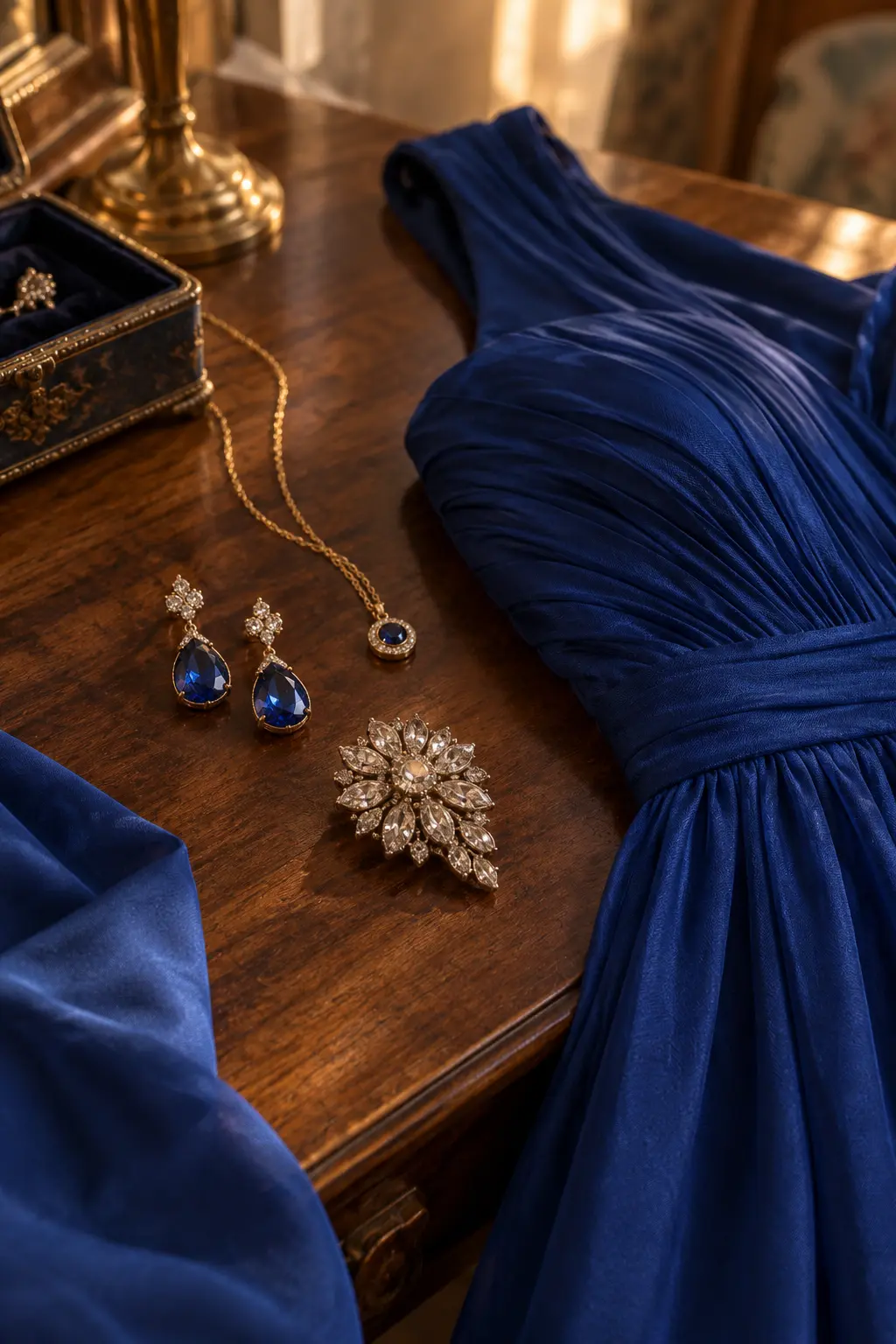 Sapphire earrings, gold pendant and vintage brooch beside a royal blue evening dress
