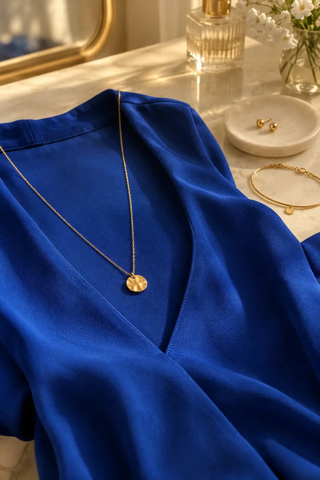 Fine gold pendant following the neckline of a cobalt-blue dress