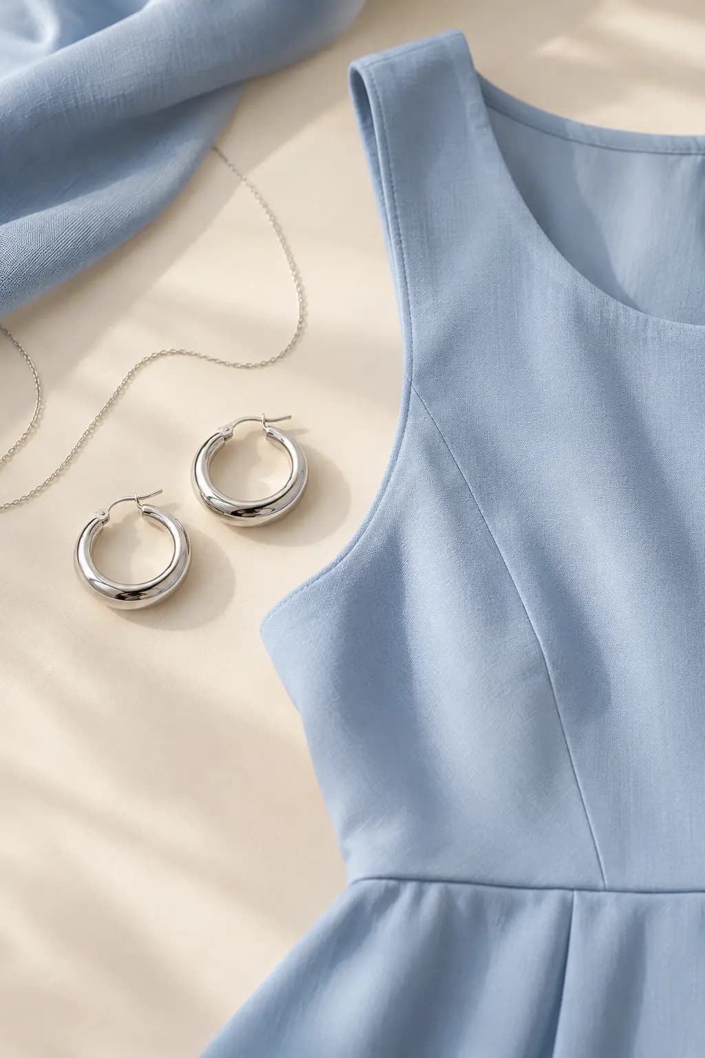 Silver hoop earrings beside a simple powder-blue dress