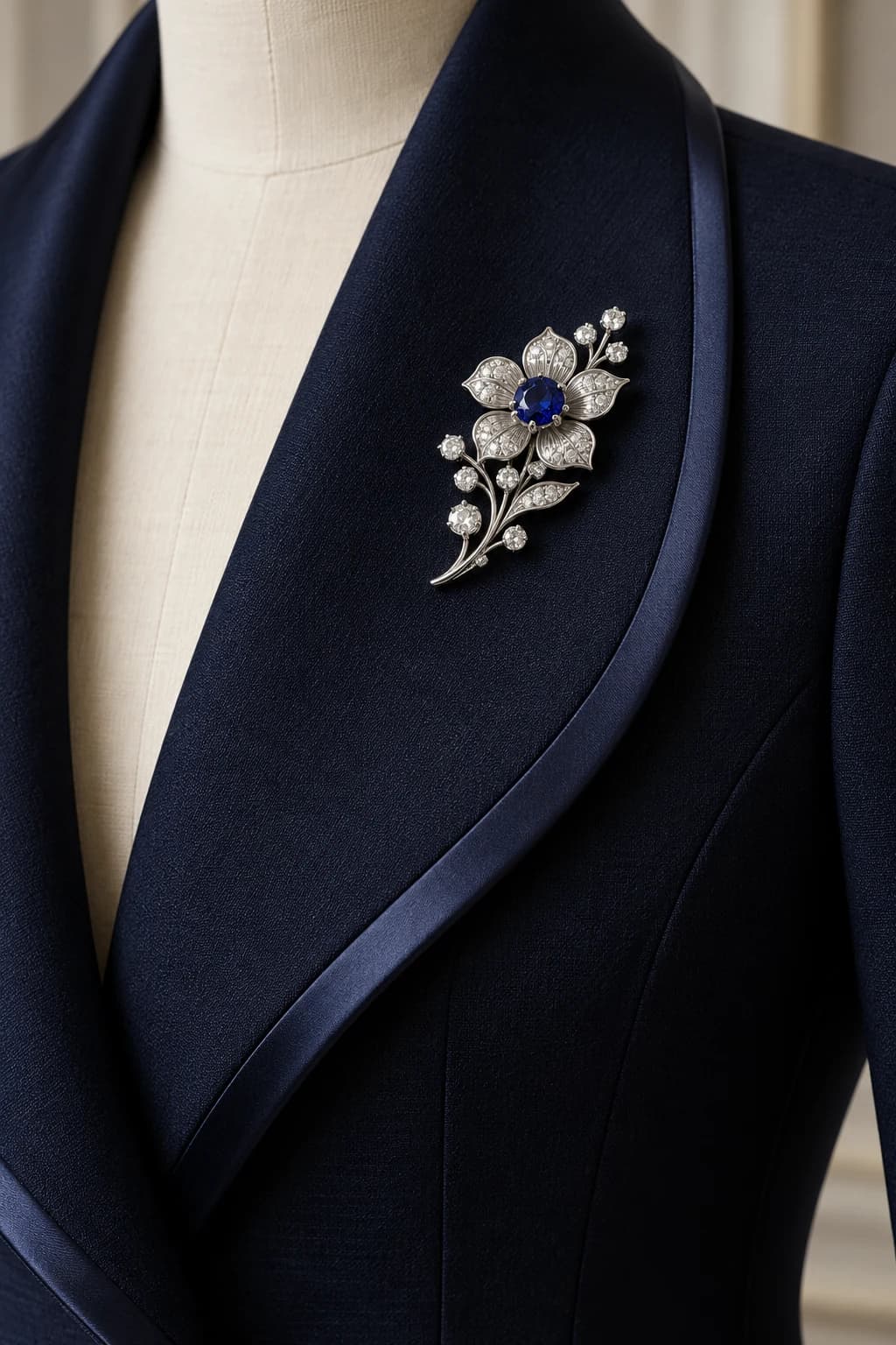 Silver floral brooch with a sapphire-blue centre on a midnight navy occasion jacket lapel