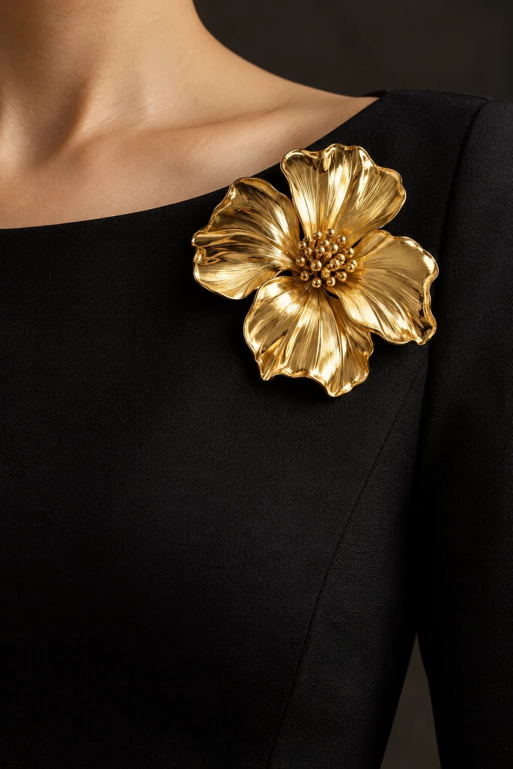 Sculptural gold flower brooch placed near the shoulder of a minimalist black boat-neck dress