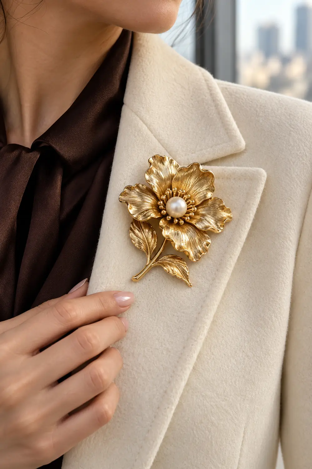 Gold flower brooch with a pearl centre worn high on the lapel of a cream blazer