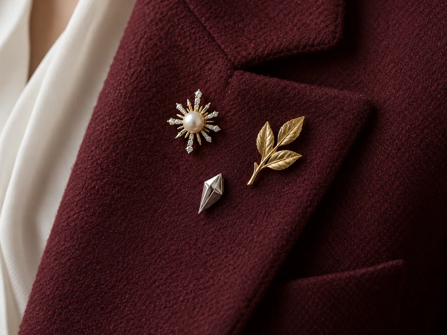 Pearl starburst, gold leaf and silver geometric brooches arranged on a burgundy lapel