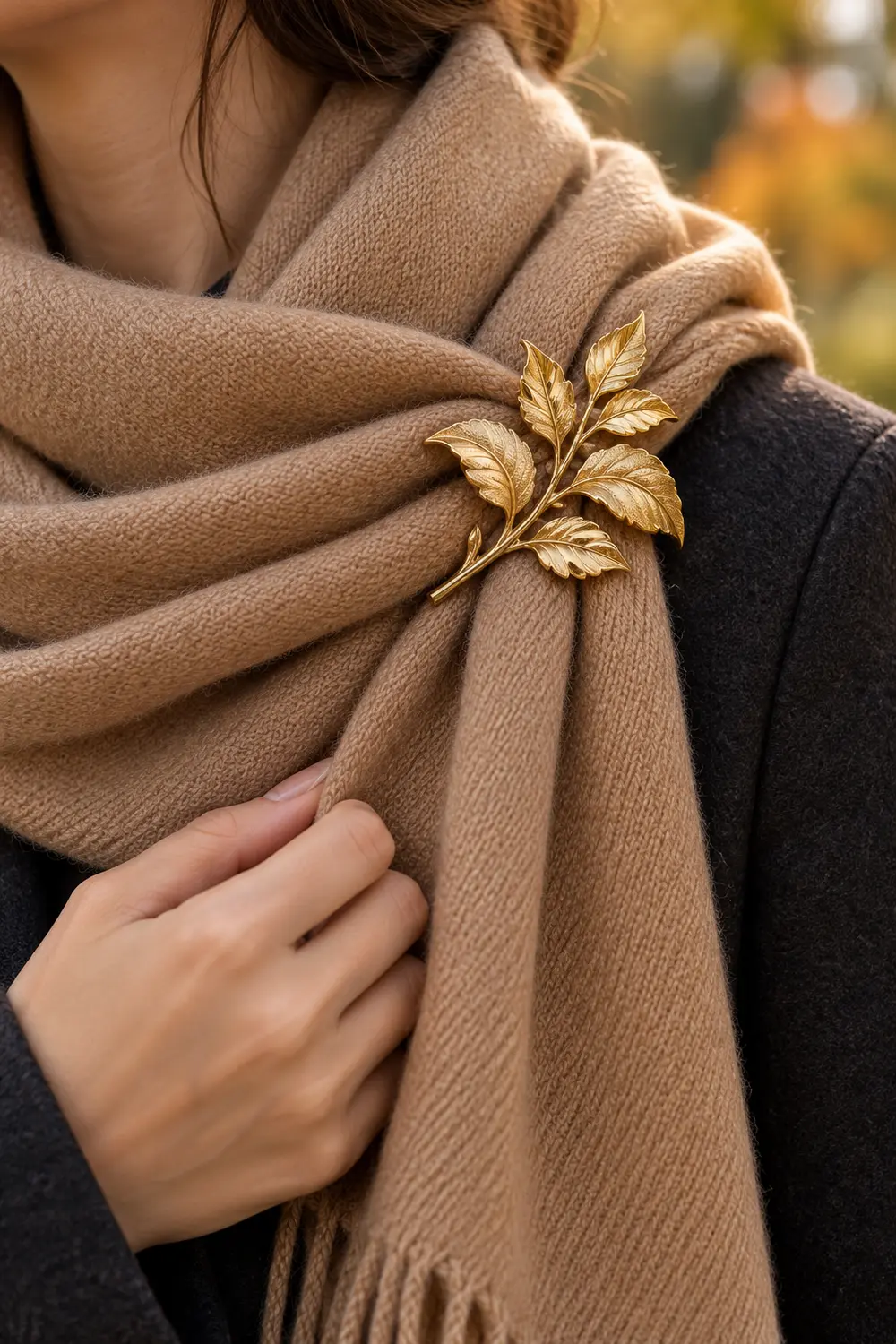 Gold leaf brooch securing the overlapped layers of a camel scarf over a dark coat