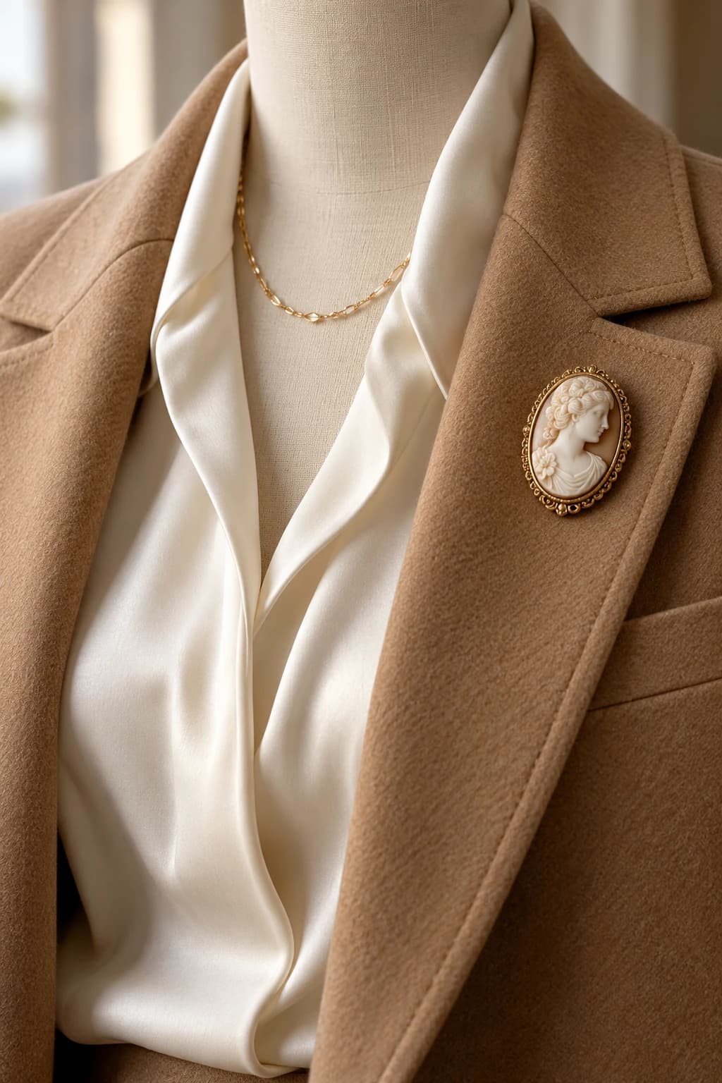 Carved cameo brooch on a camel blazer lapel above a fine gold necklace on an ivory blouse
