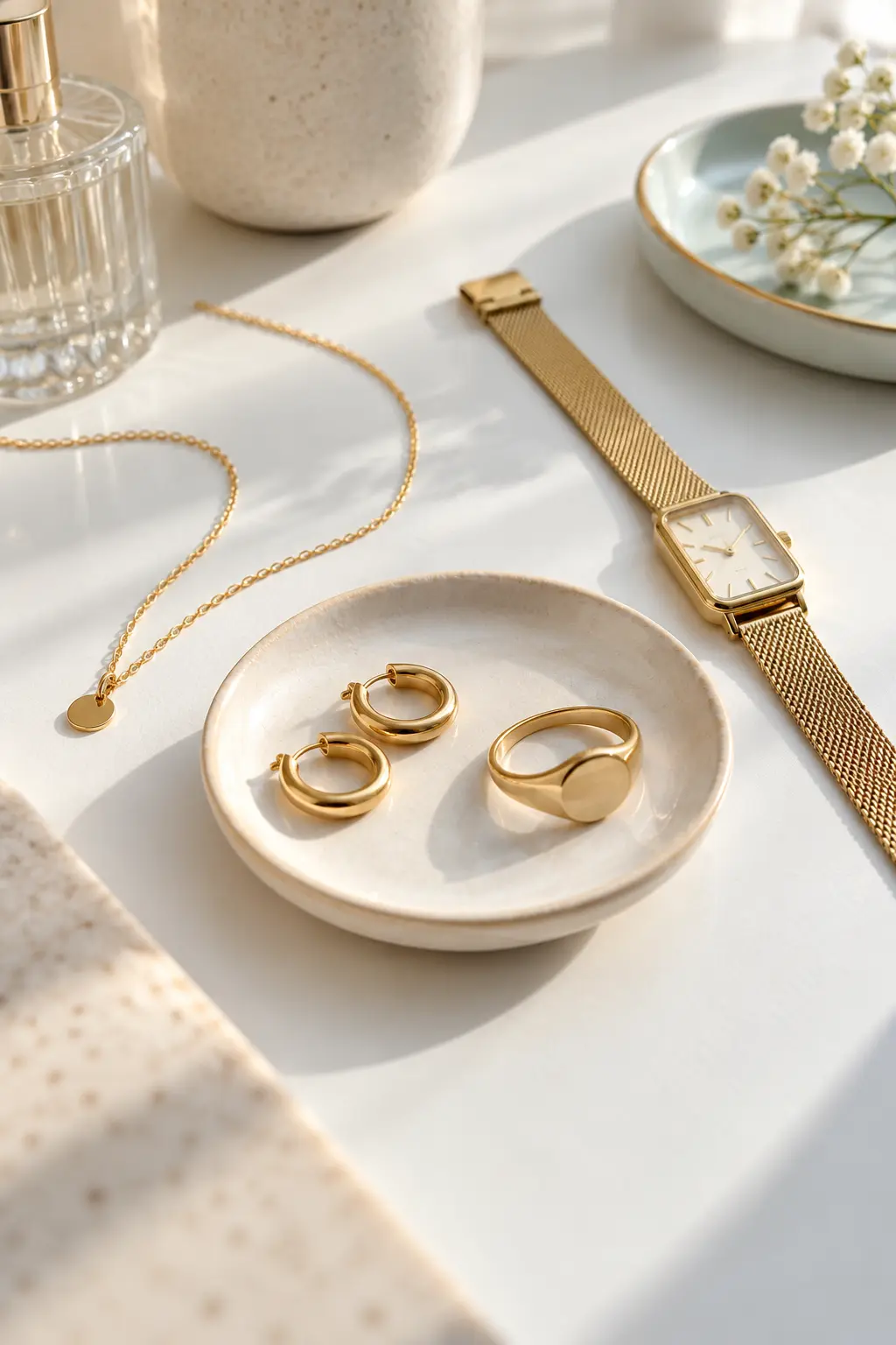Simple everyday gold jewellery on a bright dressing table