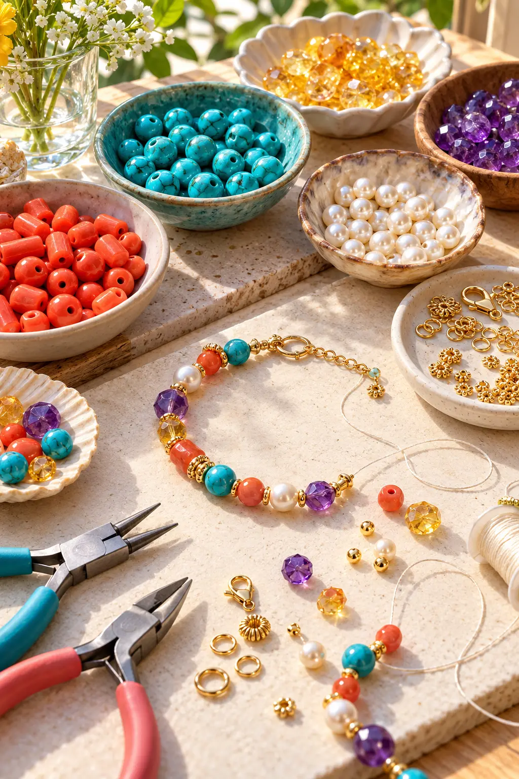 Colourful beads, gold findings and tools on a bright worktable