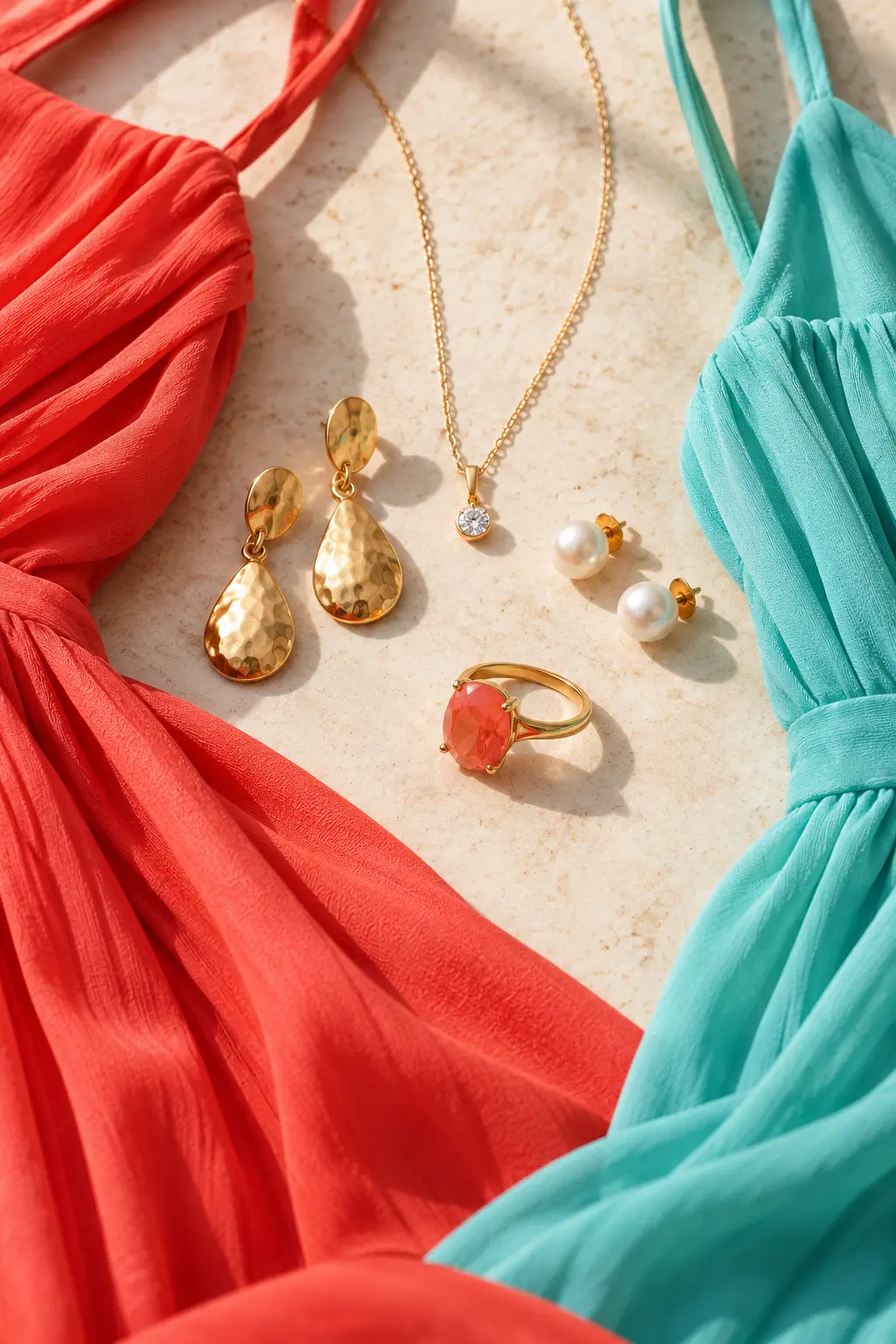 Gold jewellery arranged between coral and turquoise dresses