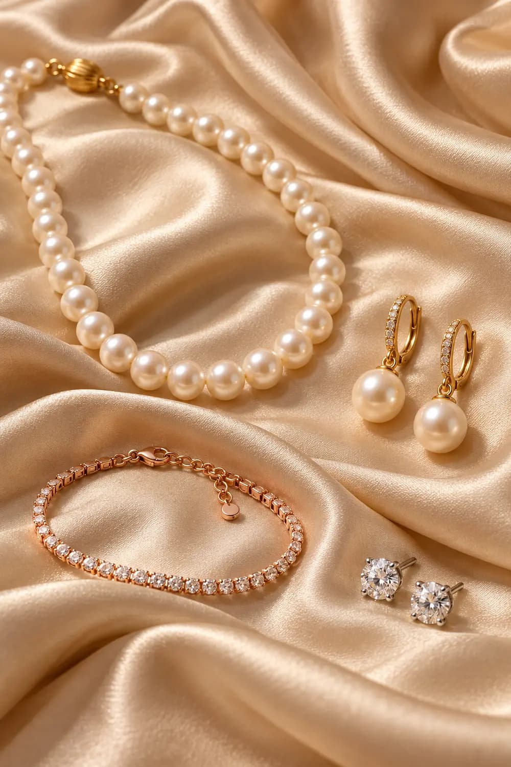 Pearl necklace, gold pearl drops, rose-gold bracelet and silver crystal studs on champagne satin