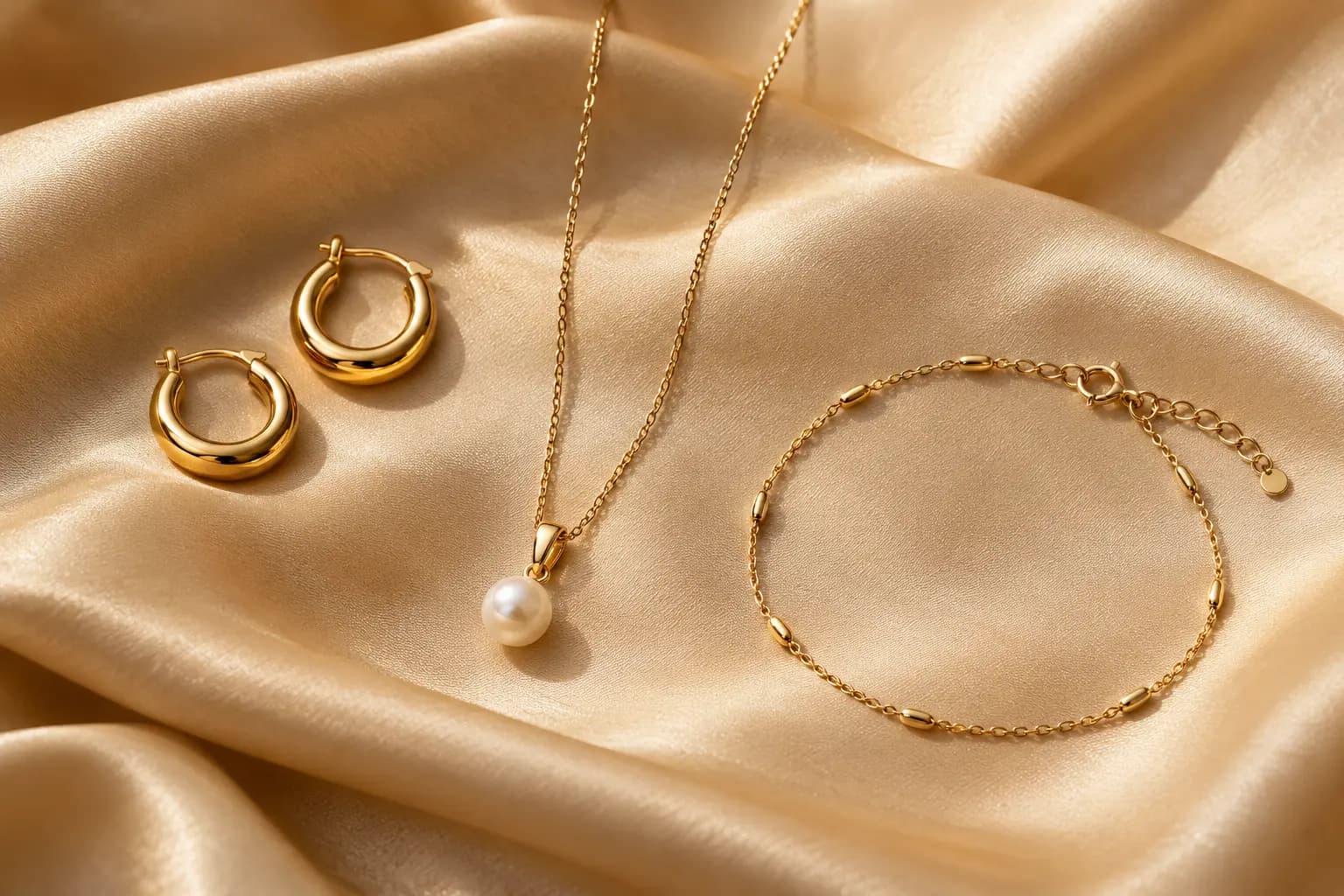 Gold hoops, pearl pendant and slim bracelet arranged on champagne satin