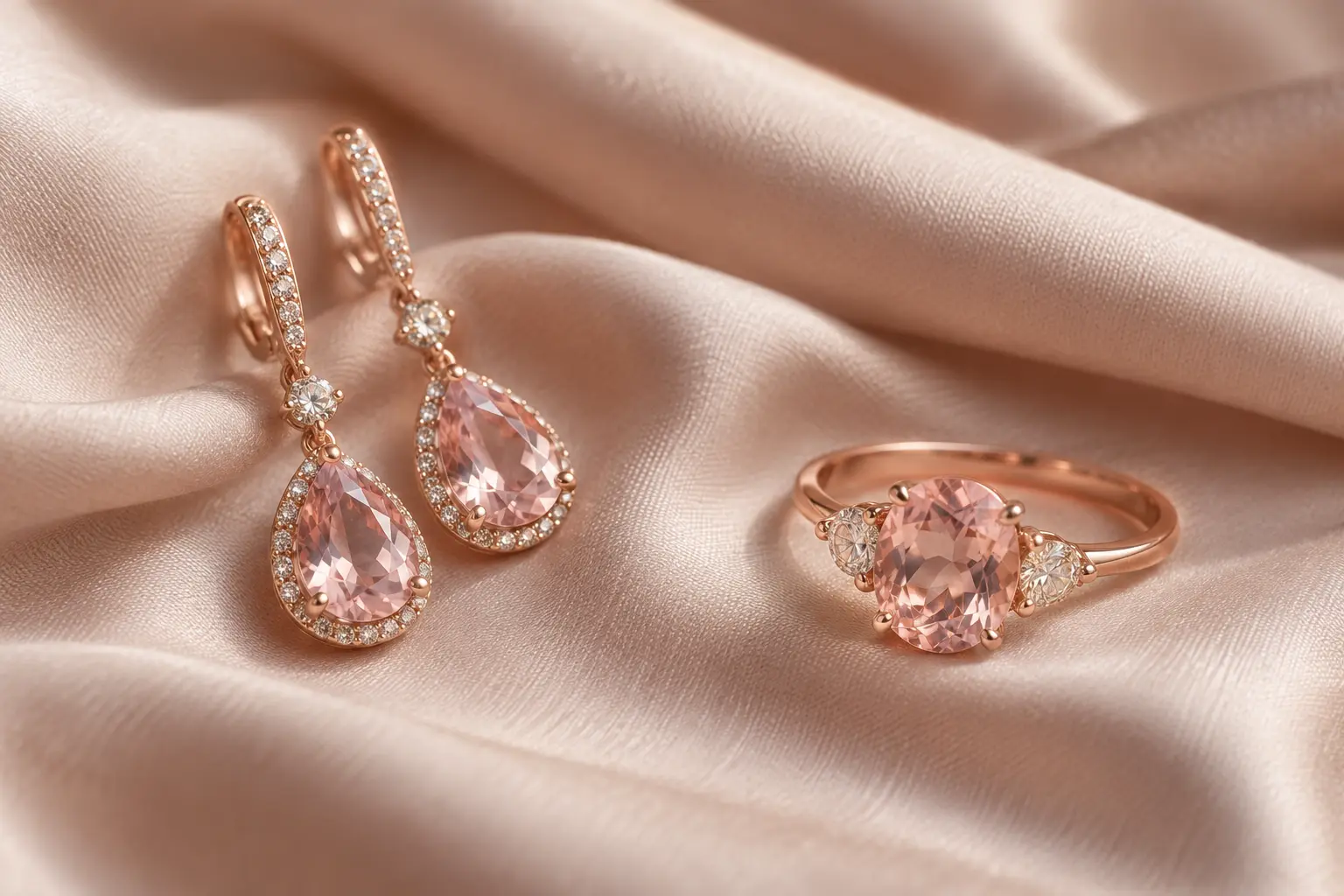 Rose-gold earrings and a pale pink stone ring on blush-champagne fabric