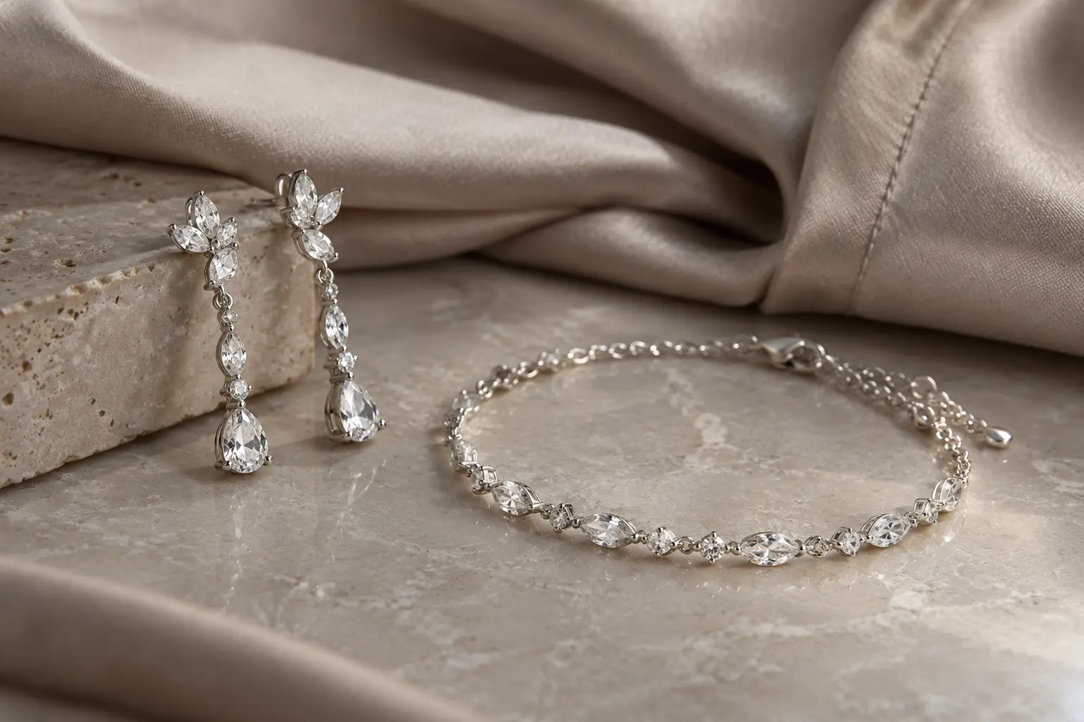 Silver crystal earrings and bracelet beside a cool champagne dress