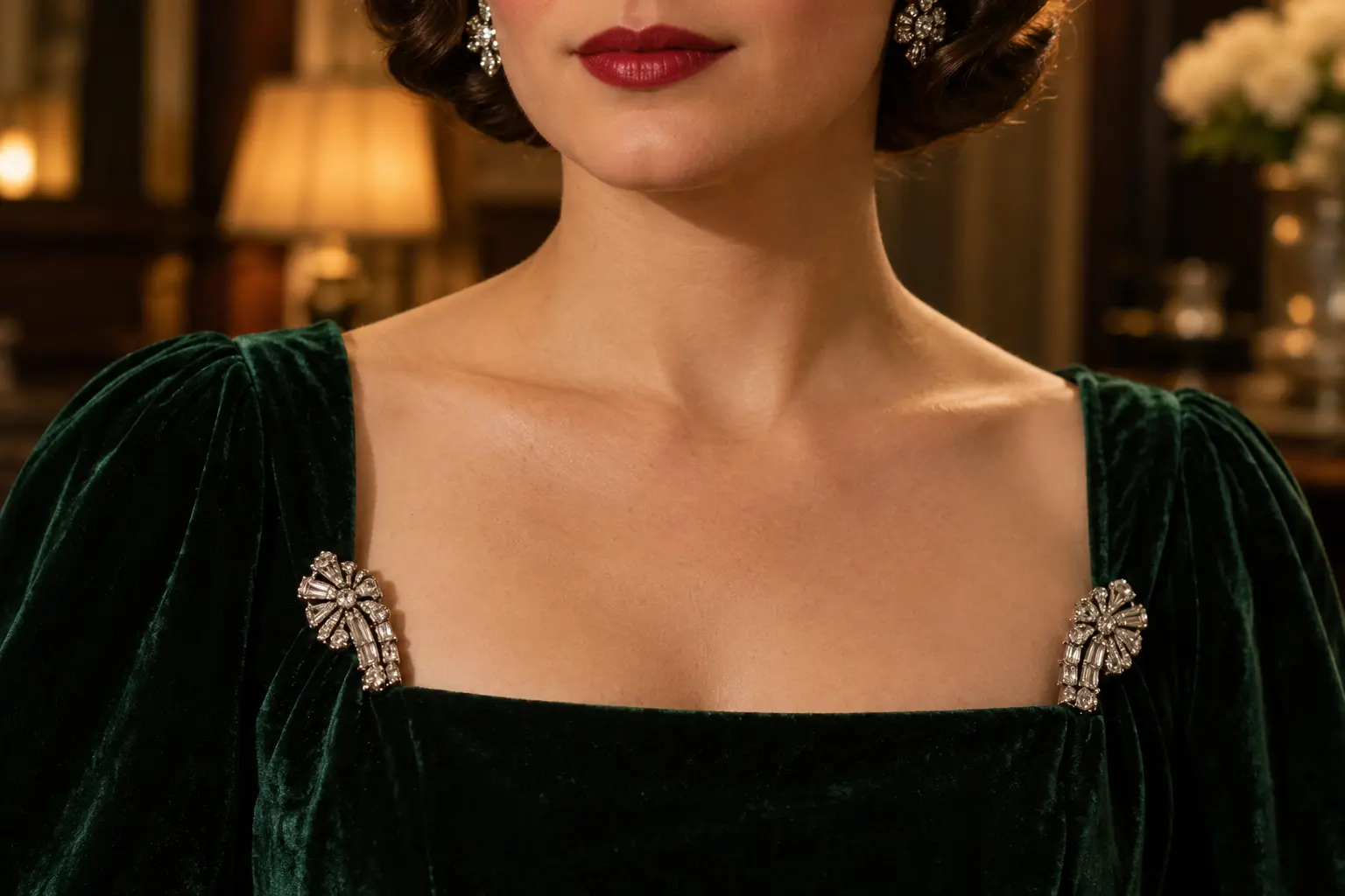 Matching period-inspired dress clips placed on both sides of a velvet neckline