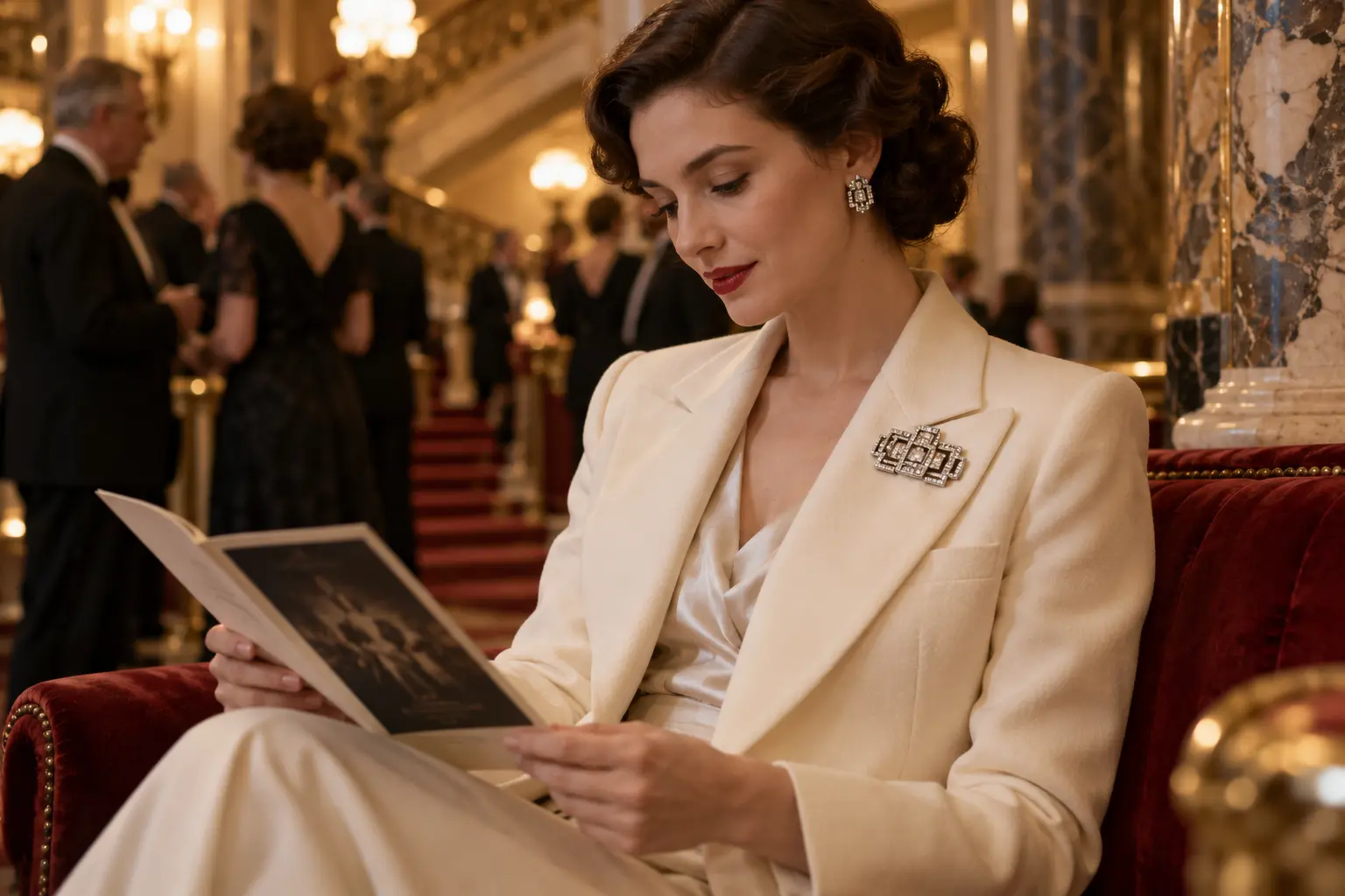 Two period-inspired dress clips joined in a frame and worn on a tailored lapel