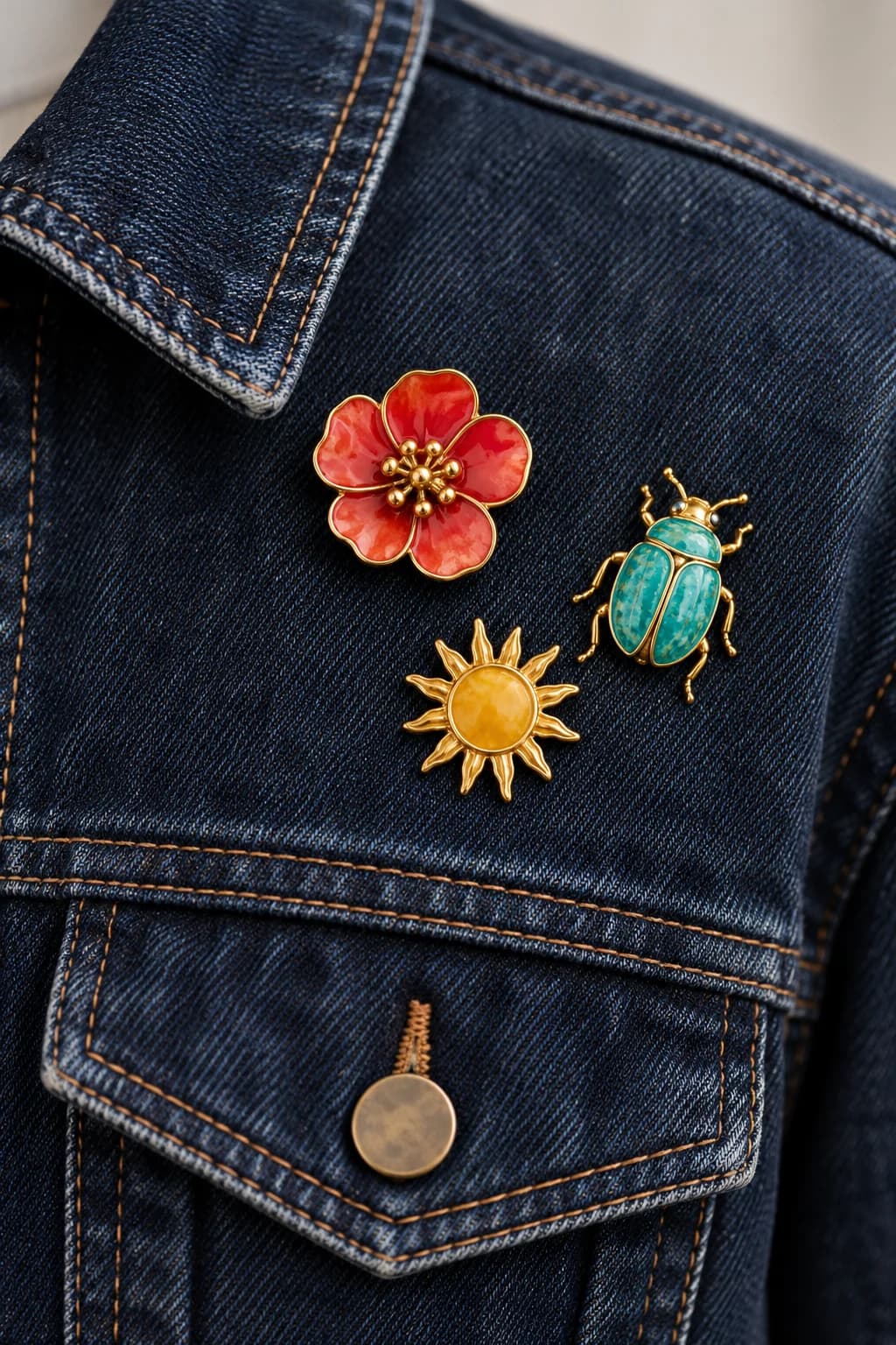 Coral flower, turquoise beetle and yellow sun enamel brooches clustered above a dark denim jacket pocket