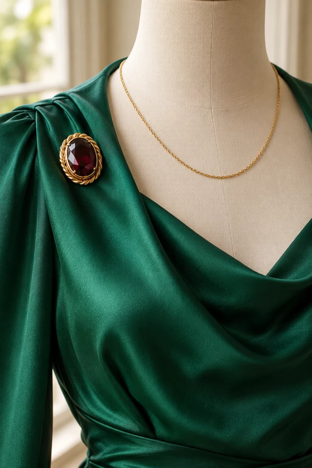 Oval garnet brooch and fine gold chain arranged separately on an emerald silk blouse