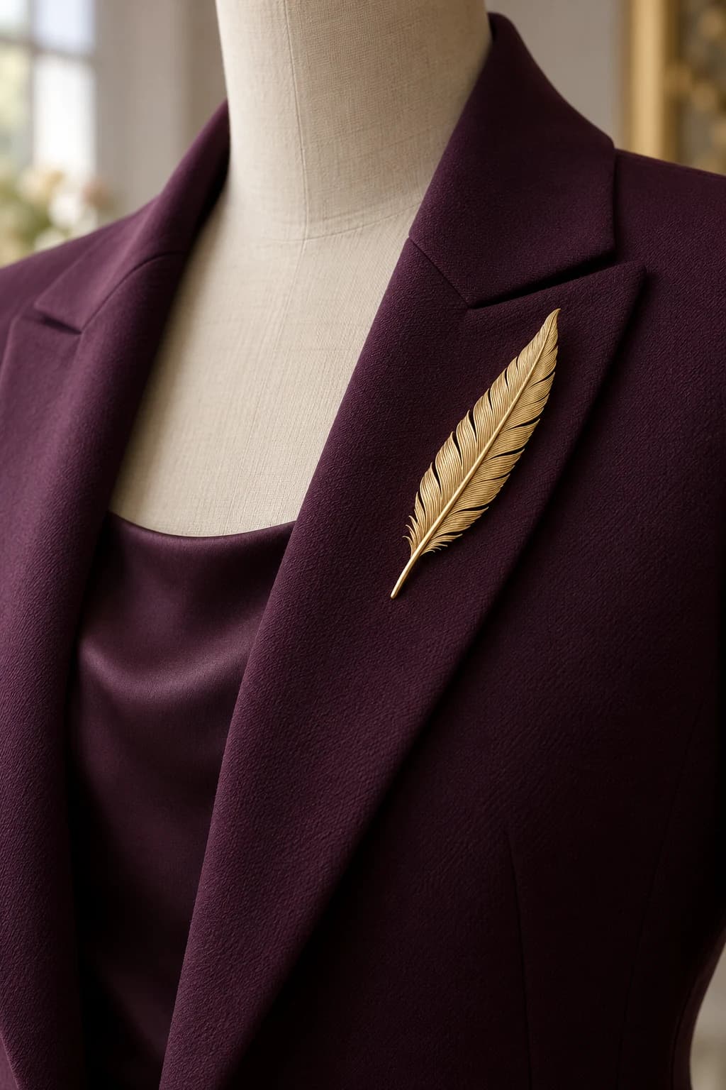 Brushed-gold feather brooch angled along the lapel of a plum tailored blazer