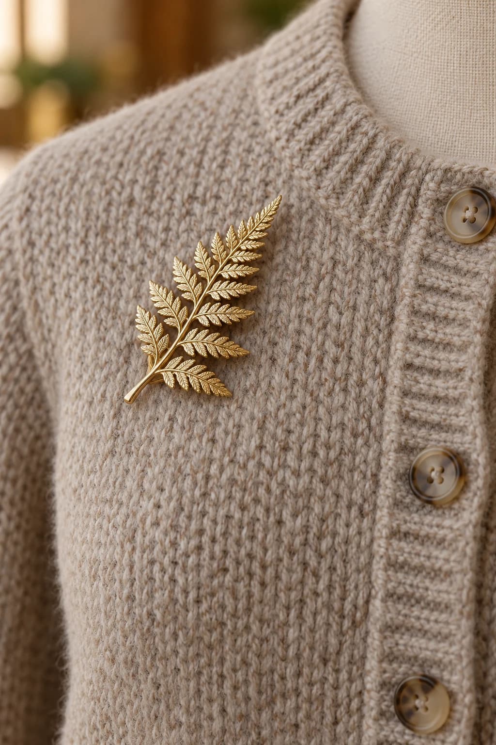 Small gold fern brooch beside the button band of an oatmeal wool cardigan