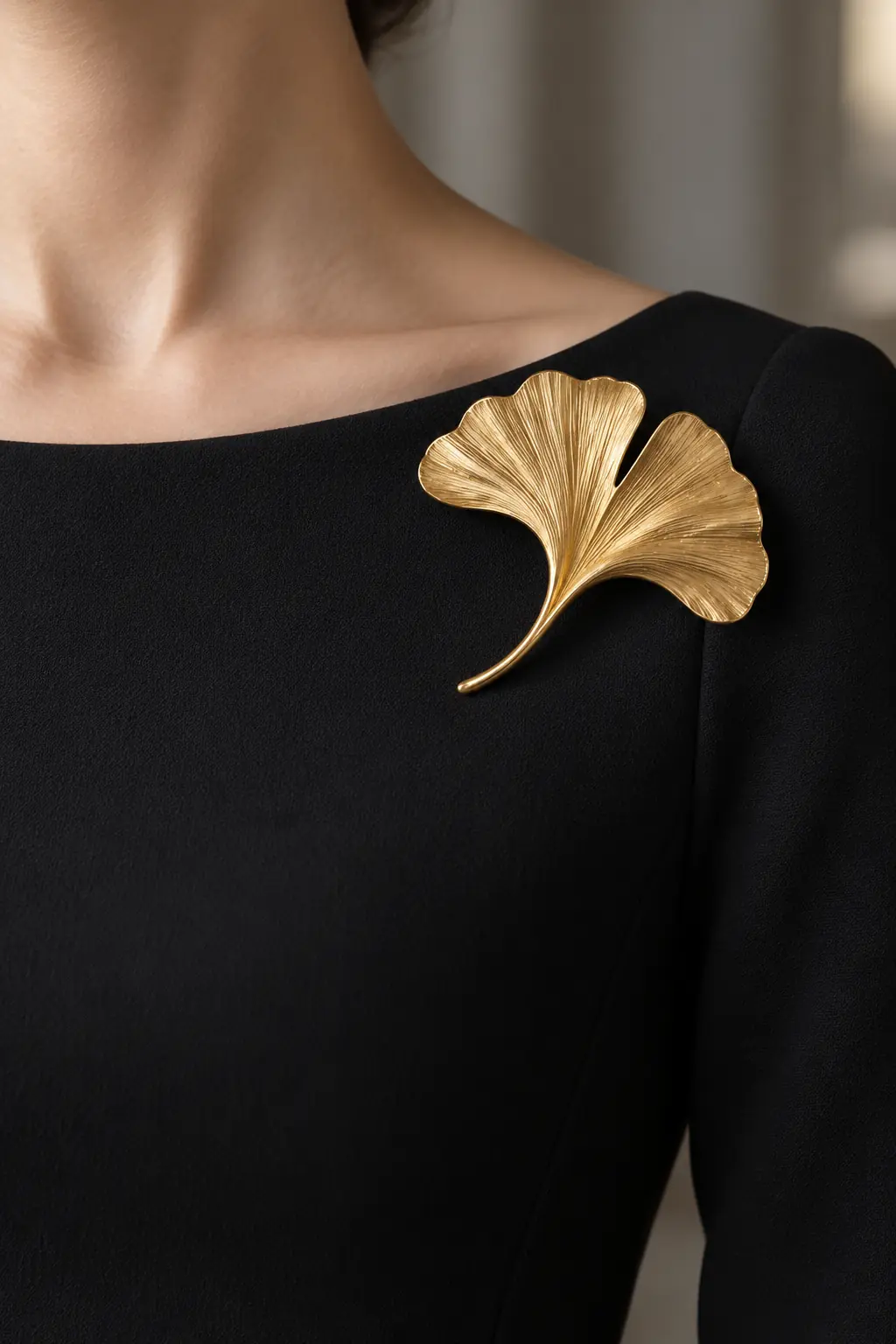 Sculptural gold ginkgo brooch placed near the shoulder of a black boat-neck dress