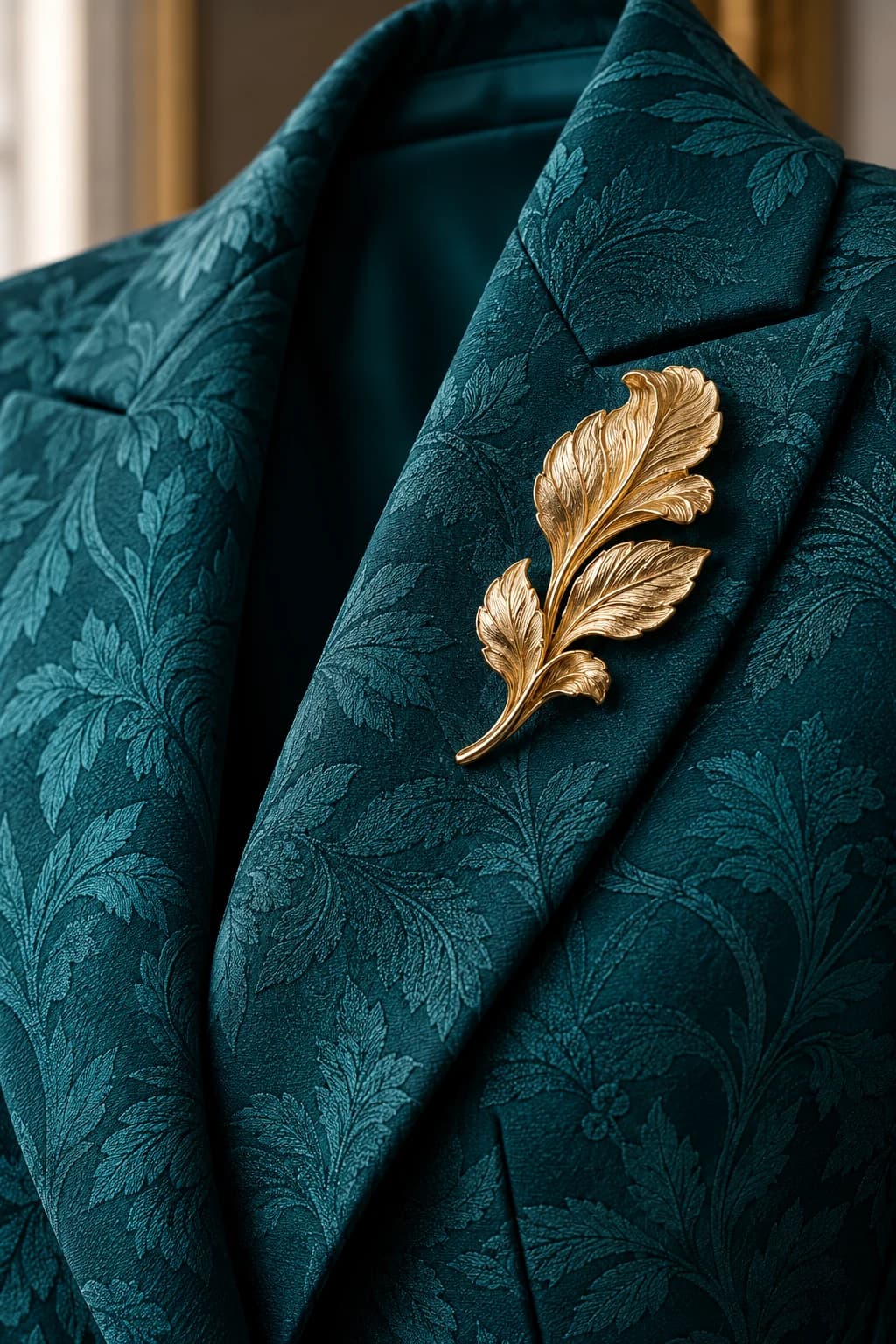 Brushed gold leaf brooch on the broad lapel of a rich teal jacquard occasion jacket