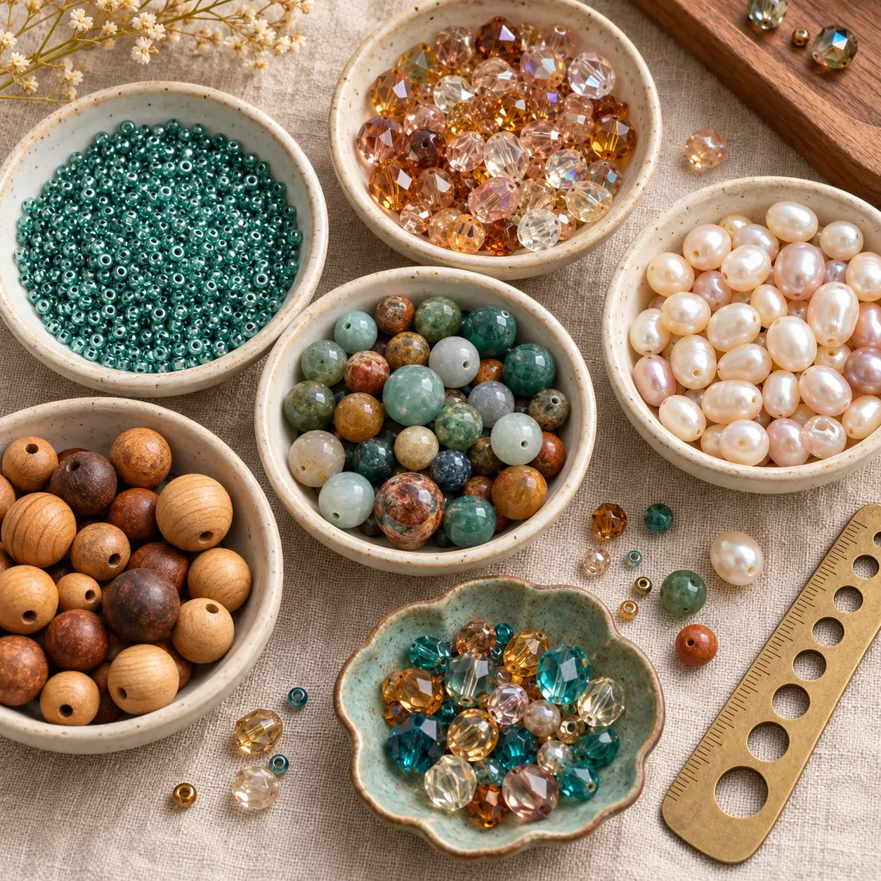 Loose beads in several sizes arranged on a worktable
