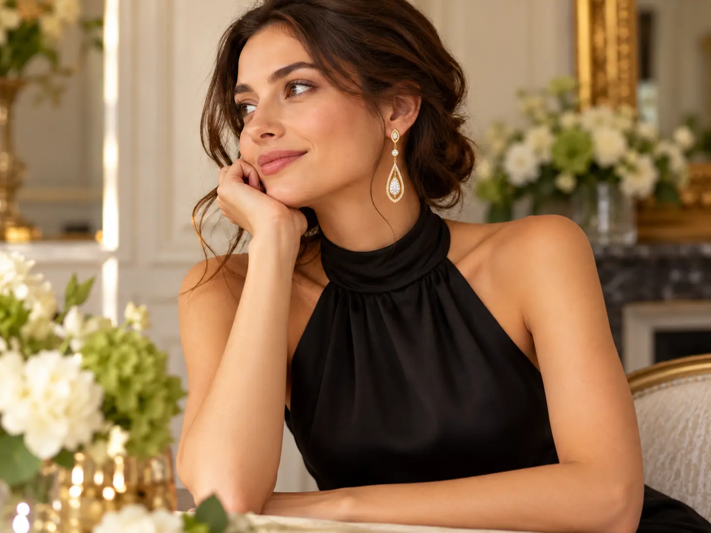 Woman in a black high-neck dress wearing long sculptural gold earrings
