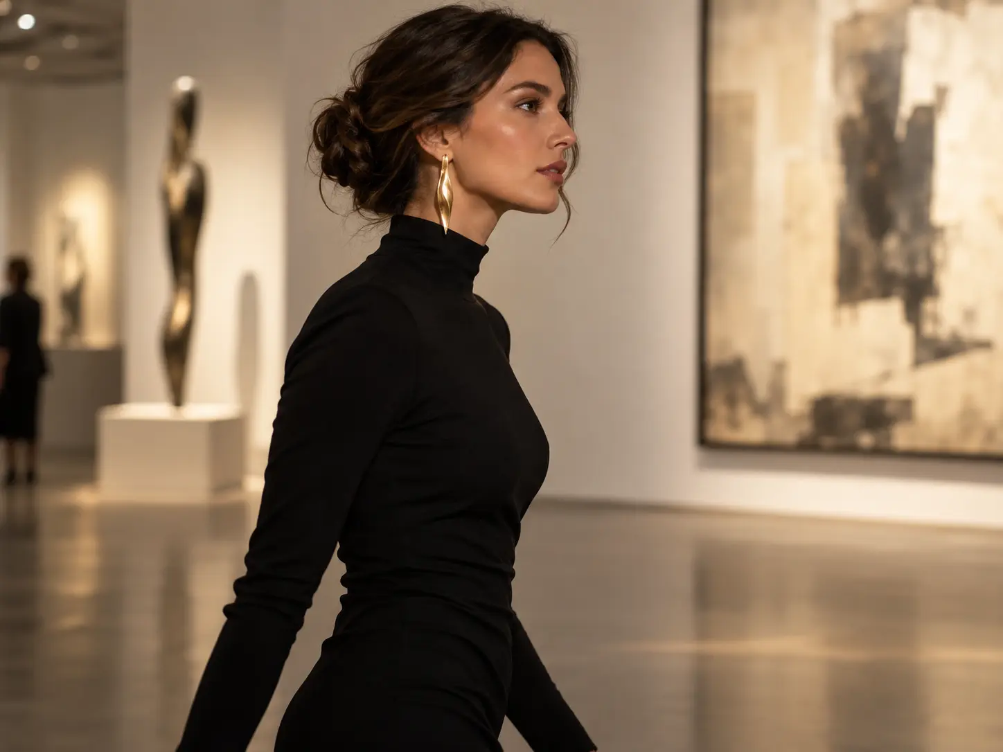 Woman walking through a gallery in a black high-neck dress and sculptural gold earrings