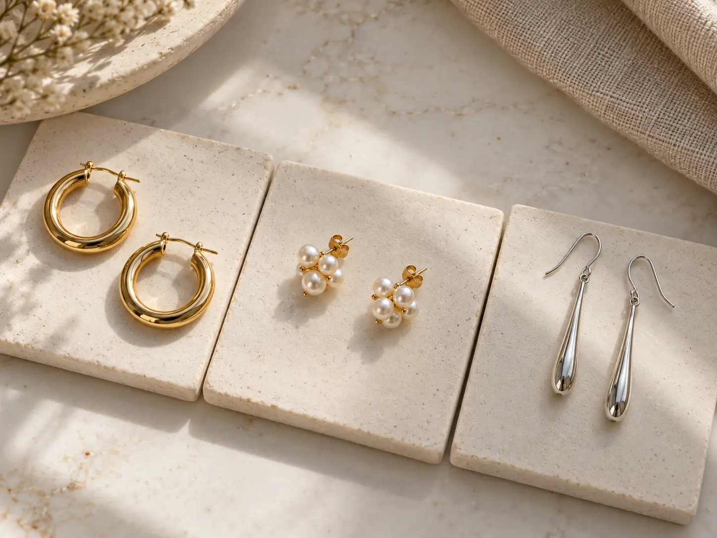 Gold hoops, pearl cluster studs and long silver drops shown side by side