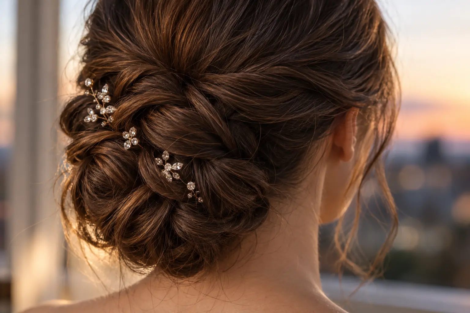 Small crystal hair pins tucked between the sections of a braided low bun