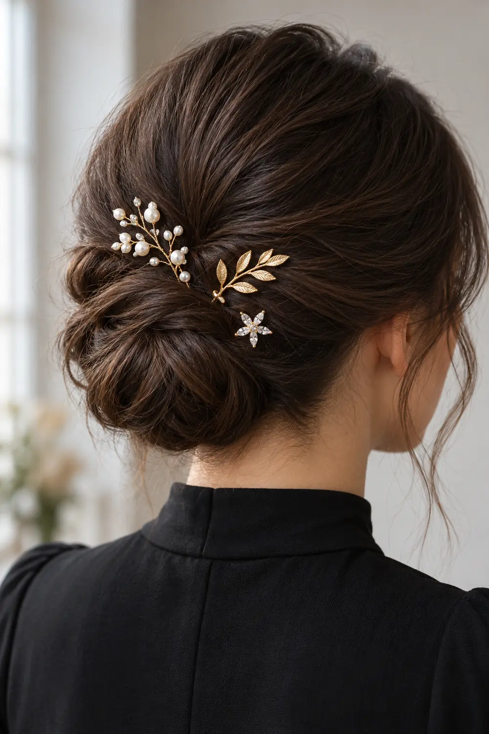 Low bun decorated with pearl branch, gold leaf and crystal star hair pins