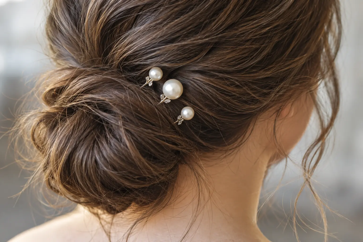 Three pearl hair pins placed in a loose curve along one side of a low bun