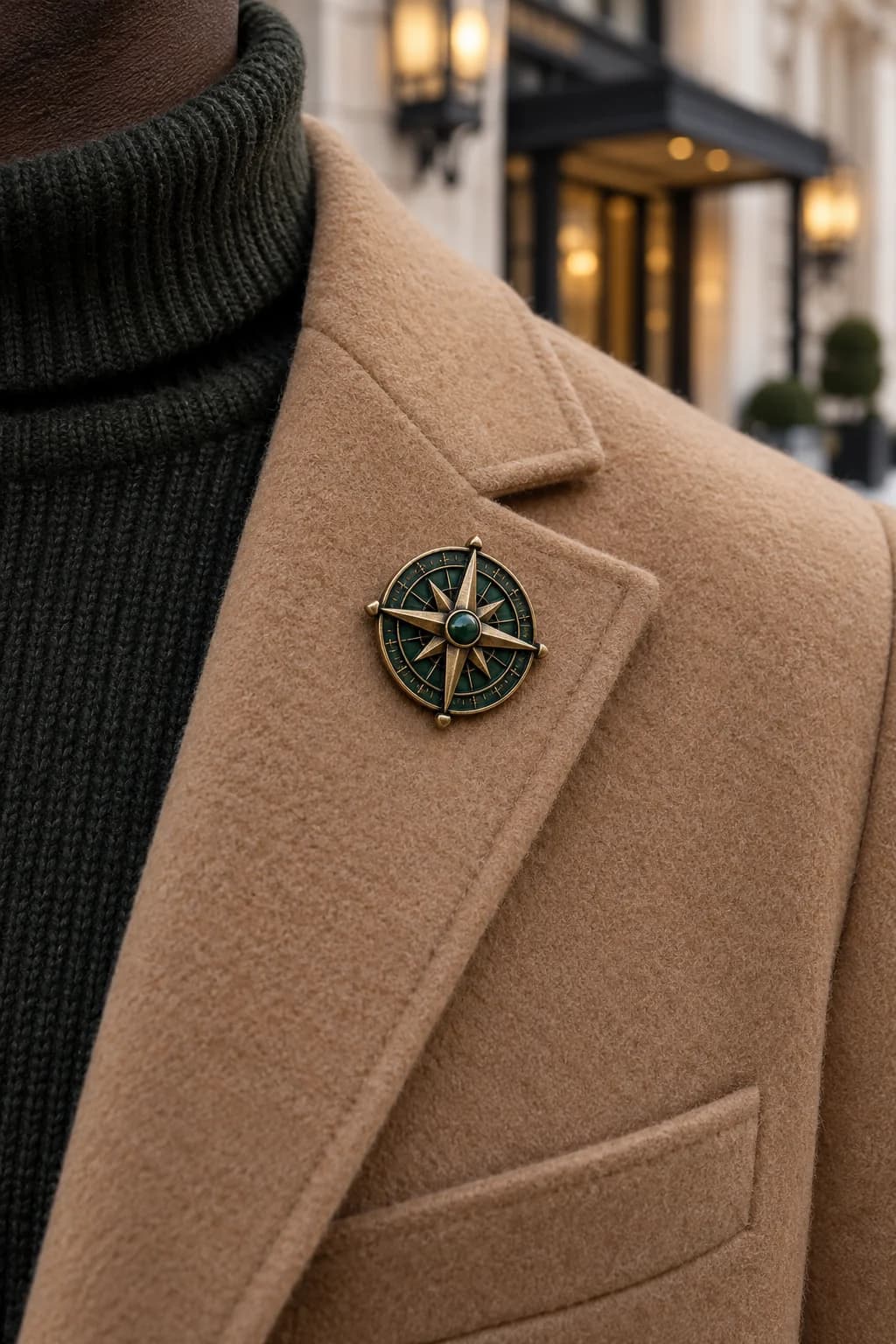 Dark-green enamel and antique-gold compass brooch worn on the upper lapel of a camel wool men's overcoat