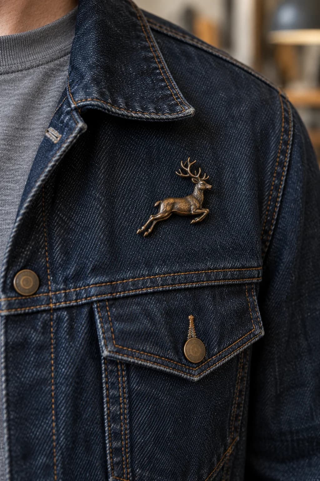 Small bronze running-stag brooch pinned above the chest pocket of a dark indigo men's denim jacket