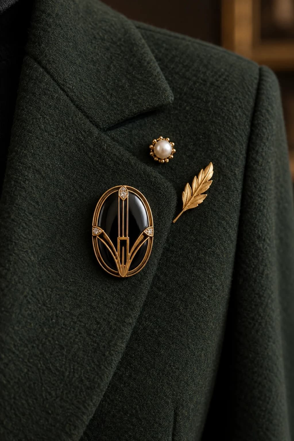 Black-and-gold oval brooch, pearl dot and narrow gold leaf pin arranged with varied scale on forest-green wool