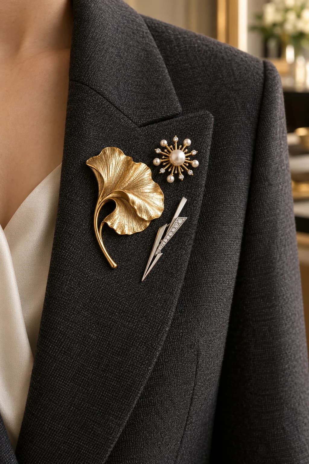 Close-up of gold leaf, pearl starburst and silver geometric brooches clustered on a charcoal blazer lapel