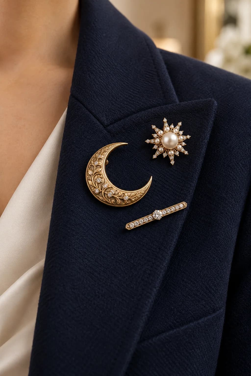 Antique-gold crescent, pearl starburst and crystal bar brooches arranged in a loose cluster on a navy blazer lapel