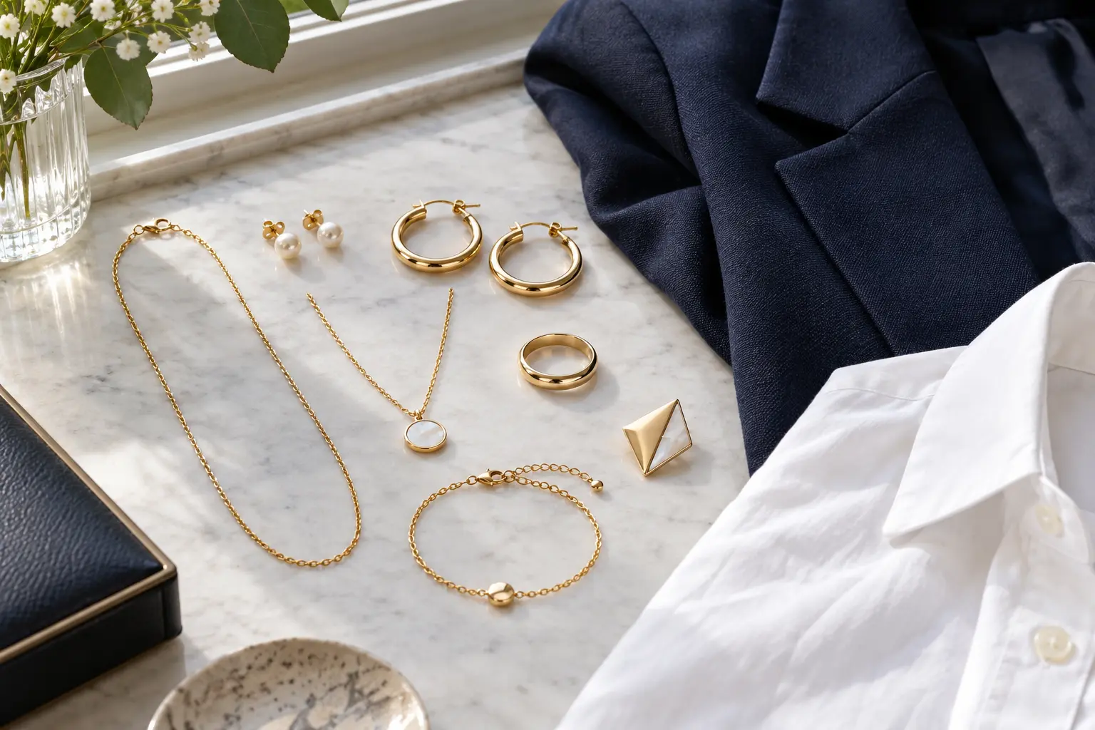 Seven-piece office jewellery capsule arranged beside a navy blazer and white shirt